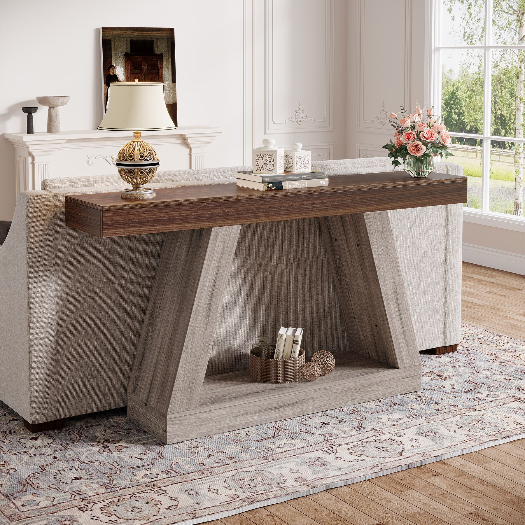 Farmhouse Console Table, 55" Sofa Table with Storage