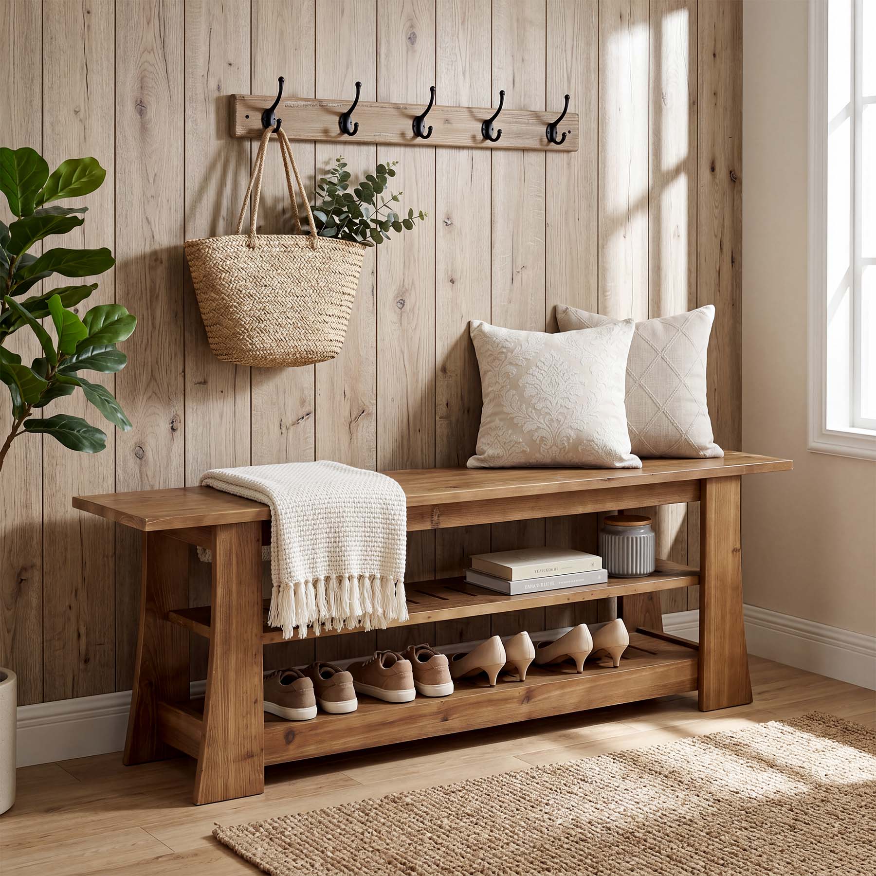 63-Inch Solid Wood Shoe Bench, Farmhouse Indoor Entryway Bench with 3-Tier Storage