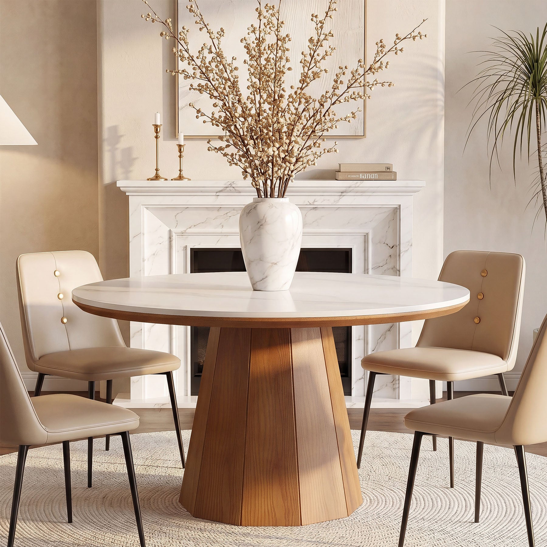47” Round Sintered Stone Dining Table, Solid Wood Kitchen Dinner Table for 4-6