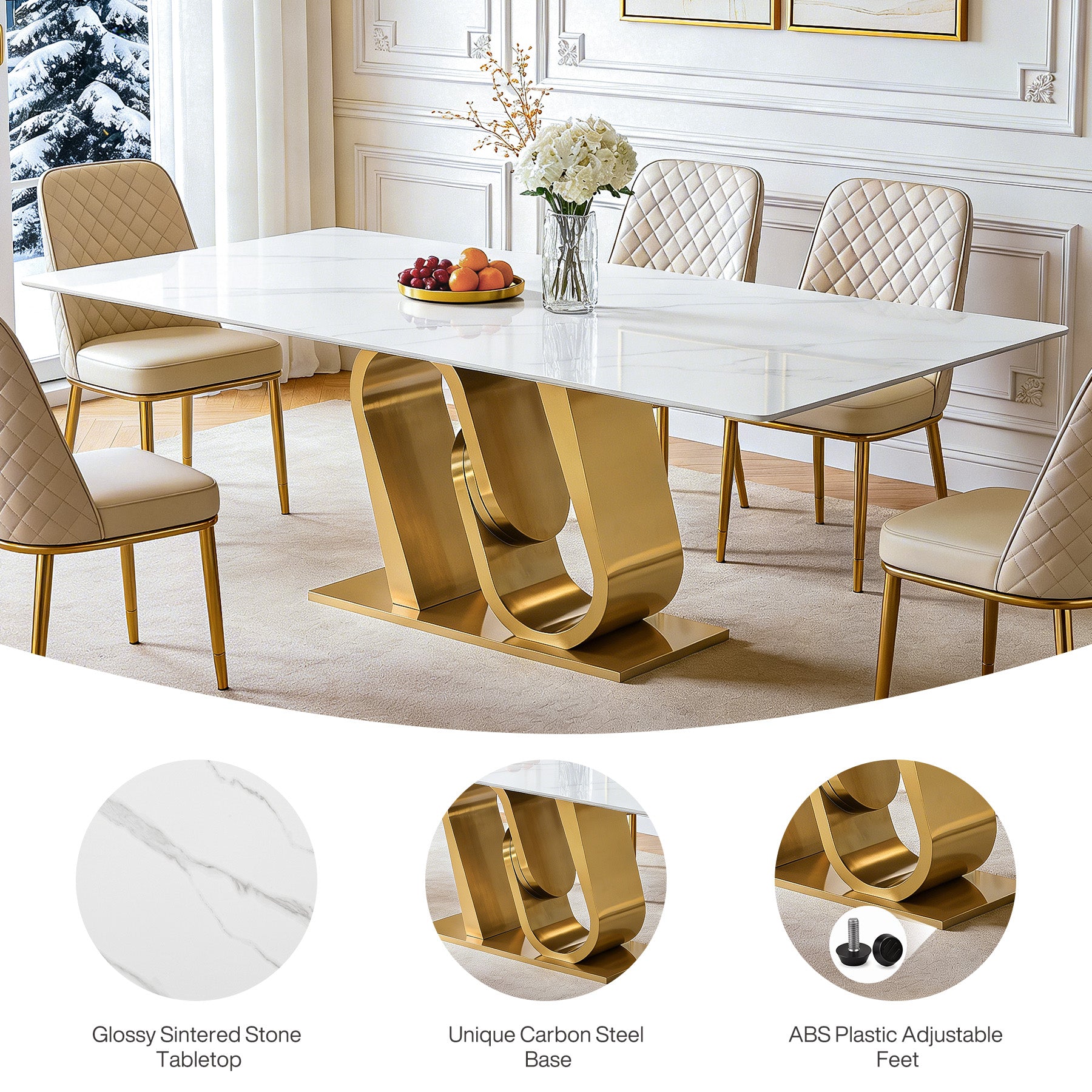 78.7" Sintered Stone Dining Table, Luxury Rectangular Kitchen Table for 8-10