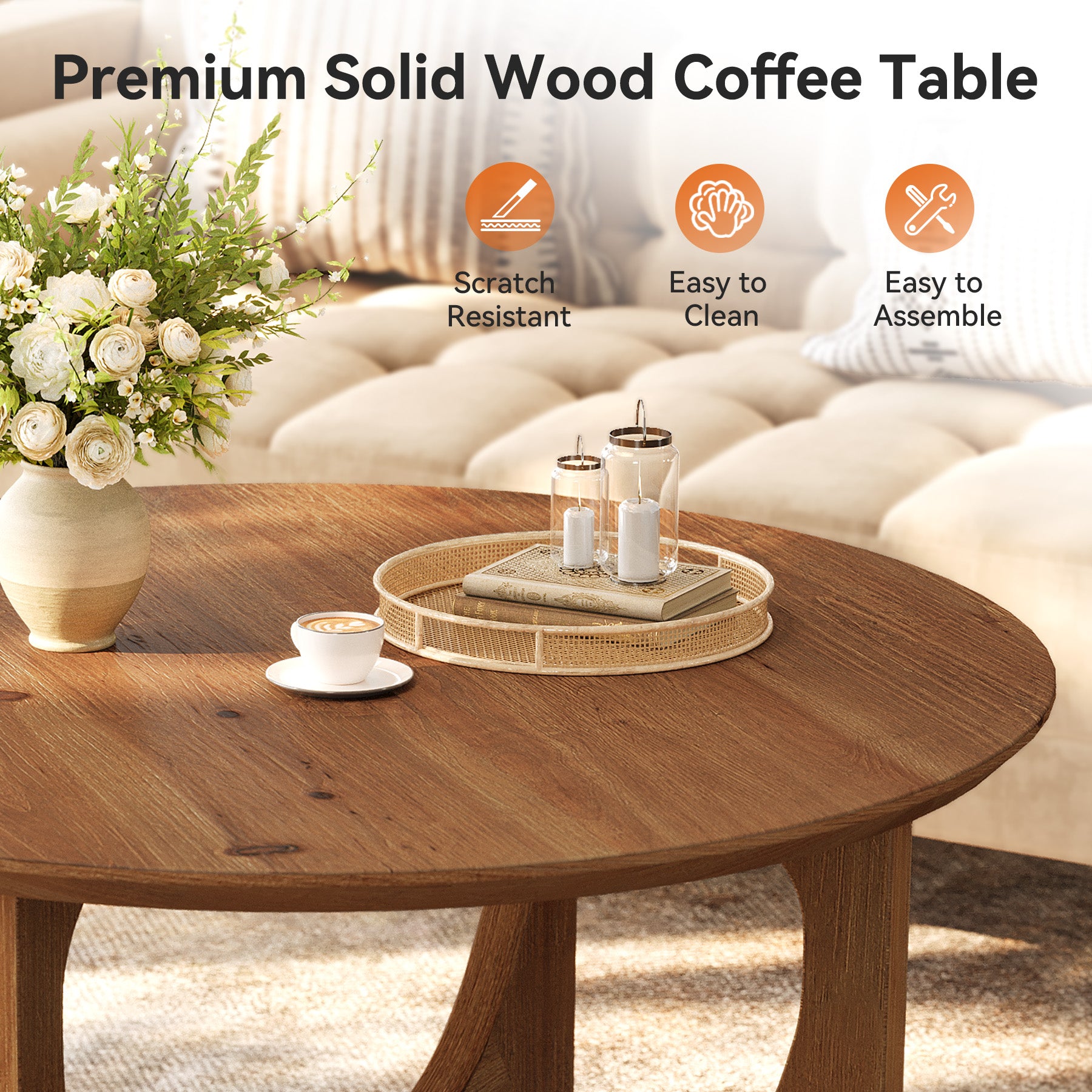 Solid Wood Coffee Table, 31.5" Round Center Table for Living Room