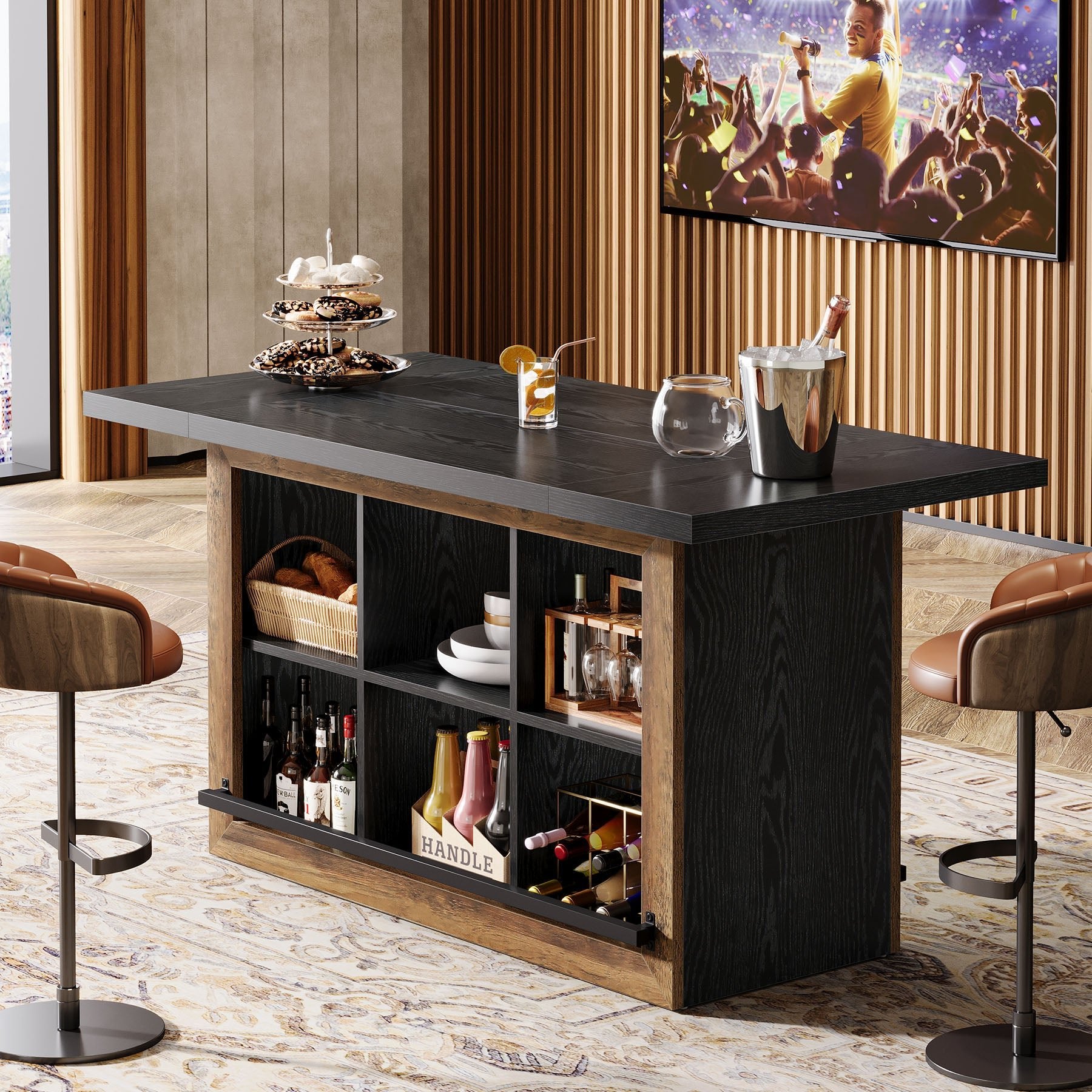 62.6" Bar Table, Rectangular Home Bar Cabinet Unit with 6 Spacious Cubbies