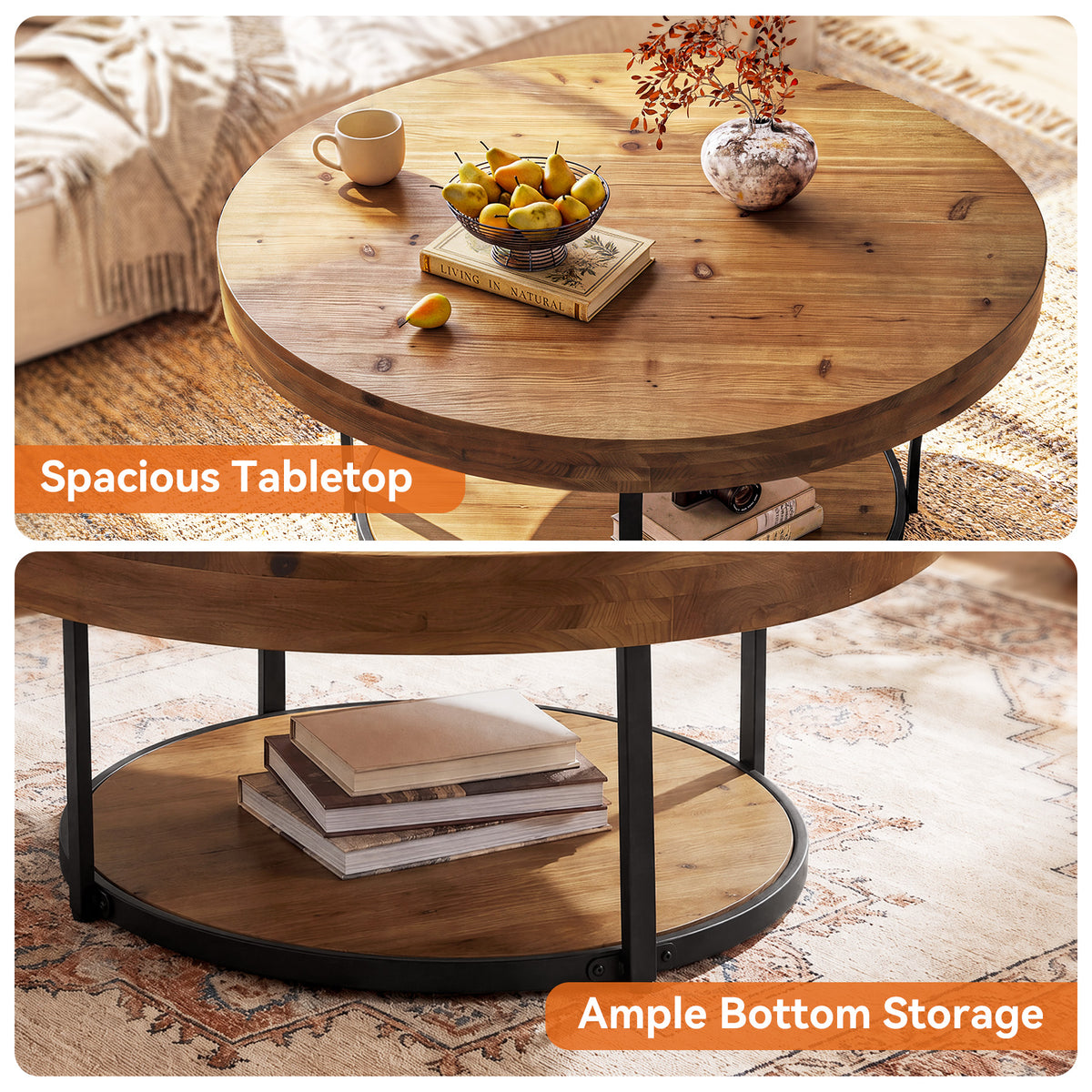 39.17" Solid Wood Round Coffee Table, 2-Tier Center Table with Metal Frame