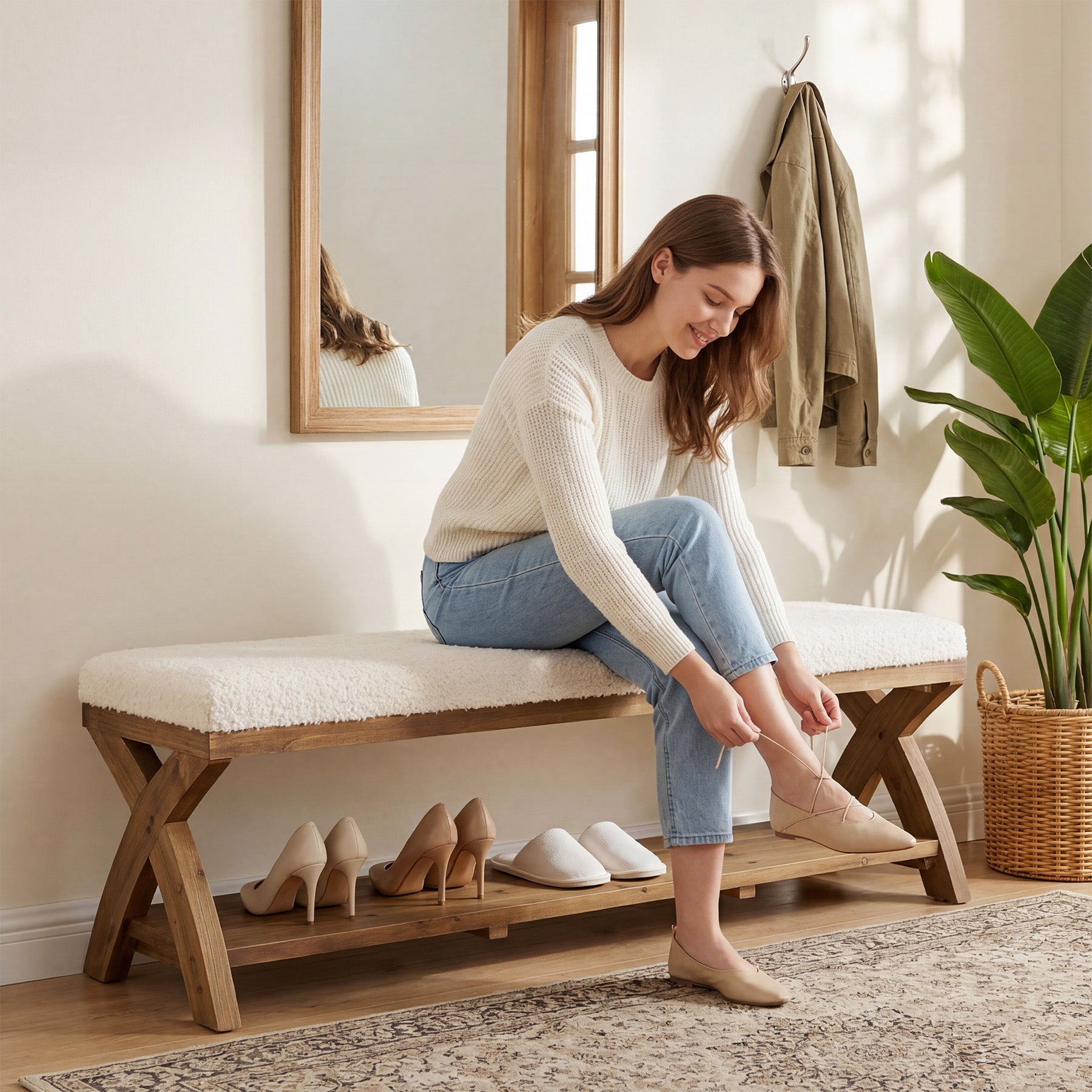 Solid Wood Upholstered Shoe Bench, Entryway Bench with Padded Seat and Storage Shelf