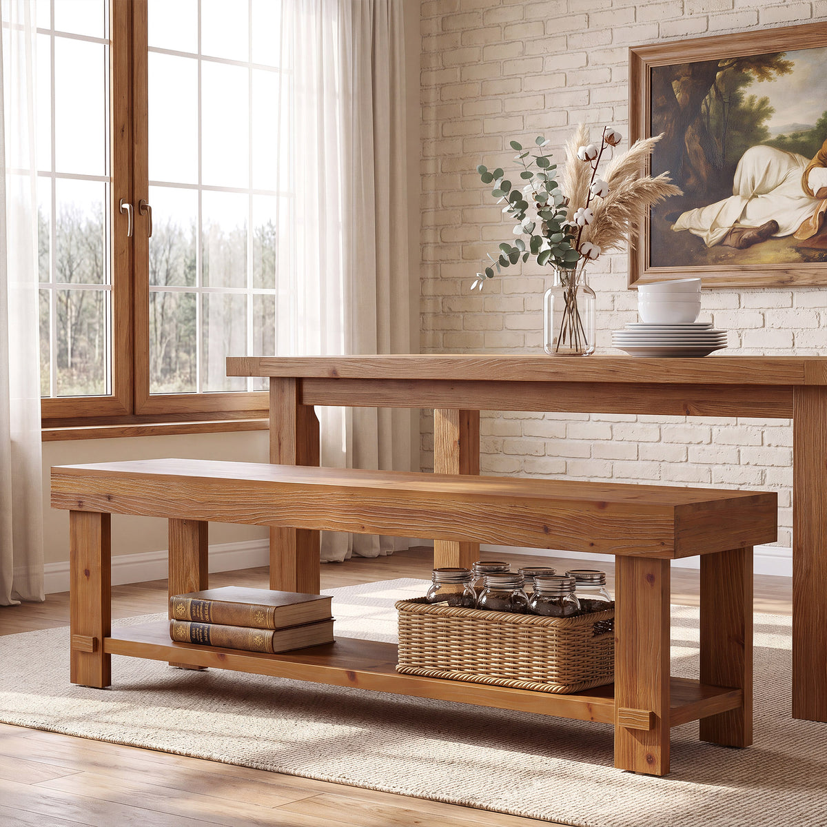 63" Solid Wood Entryway Bench, 2-Tier Shoe Bench End of Bed Bench with Storage