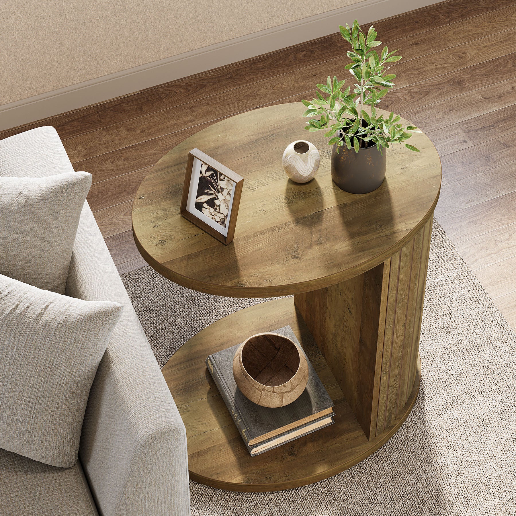 C-Shaped End Table, Fluted Sofa Side Table with Storage Shelf for Small Space