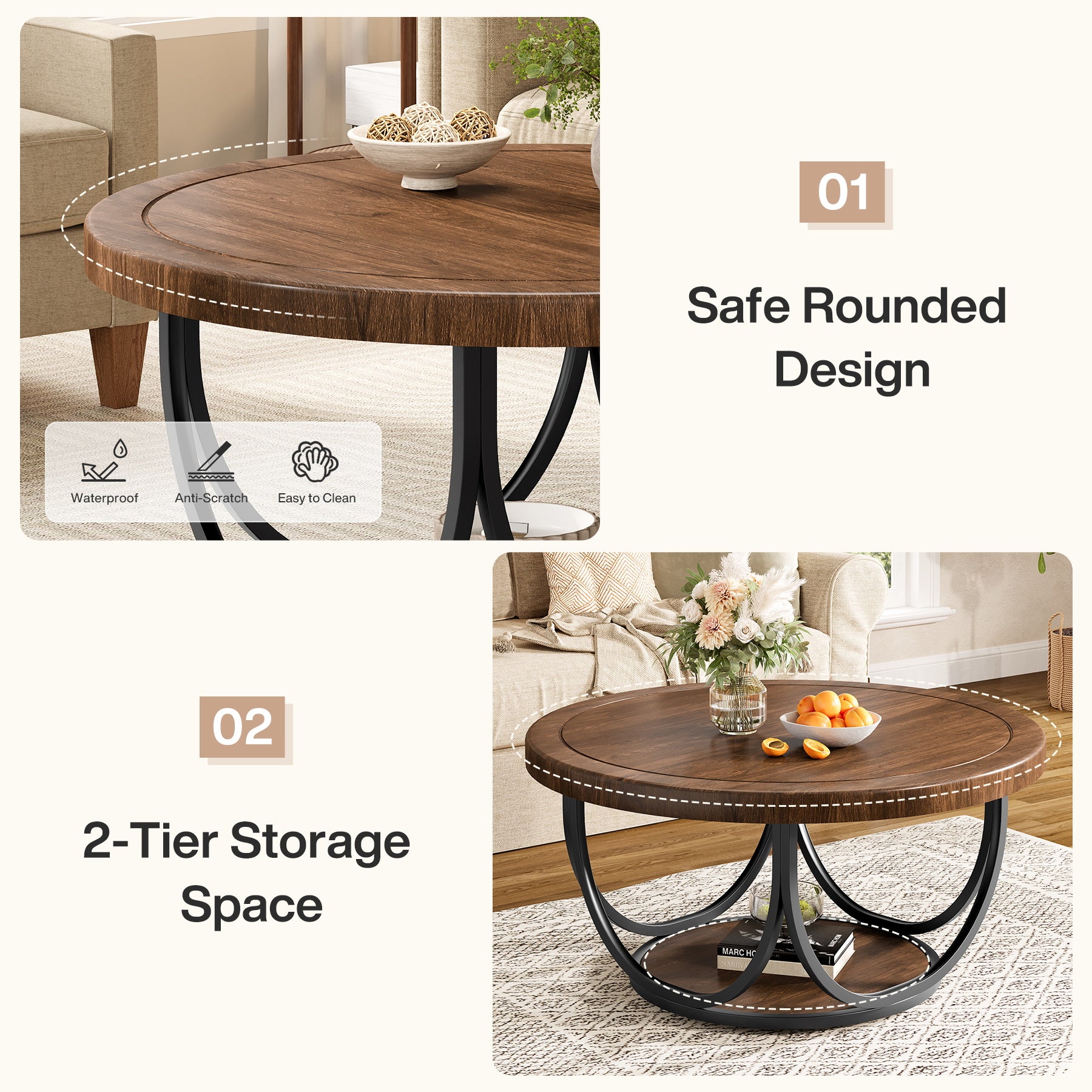 Round Coffee Table, 31.5" Circle Accent Cocktail Table with Storage Shelf