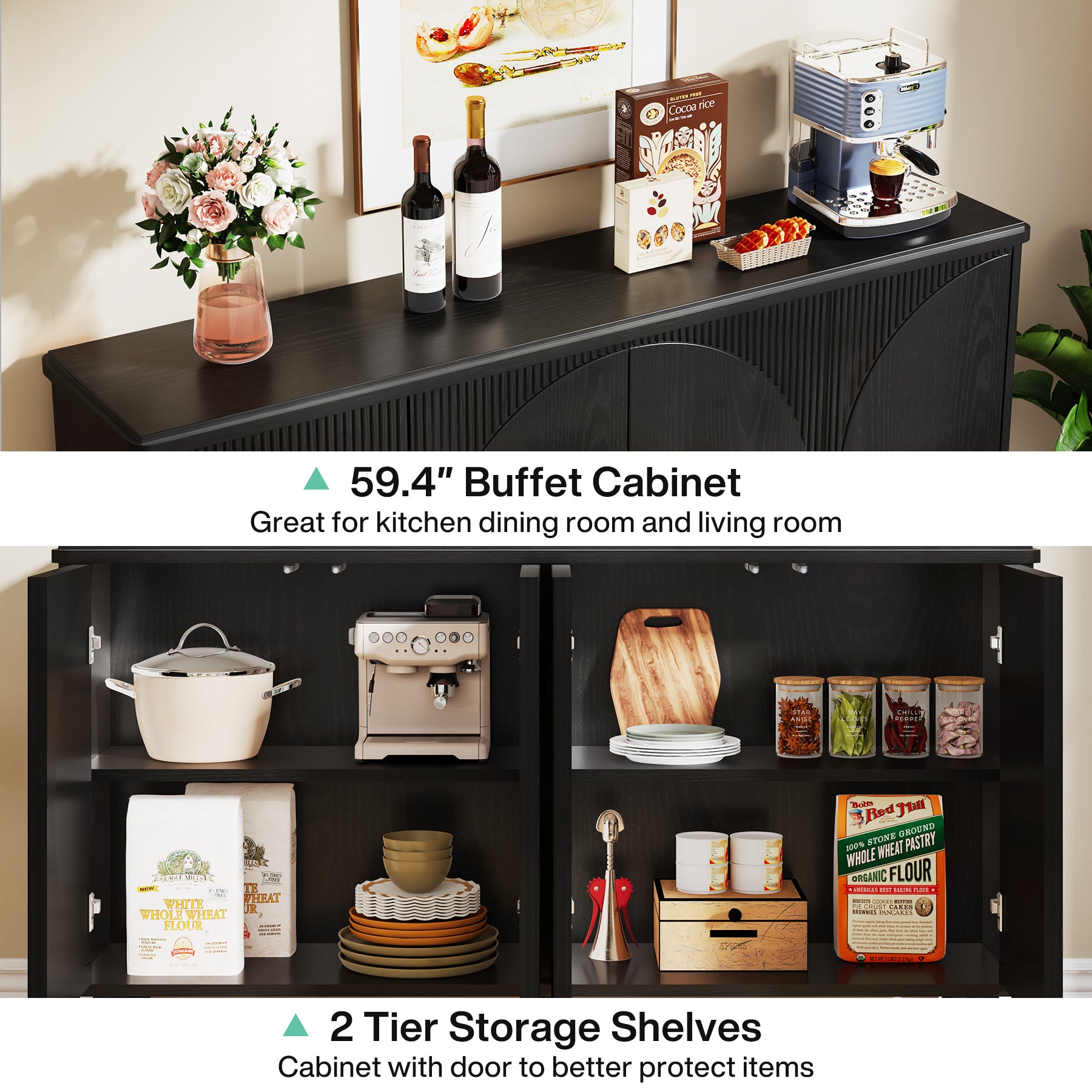 59.4" Sideboard Buffet, Modern Credenza Storage Cabinet with Doors for Kitchen
