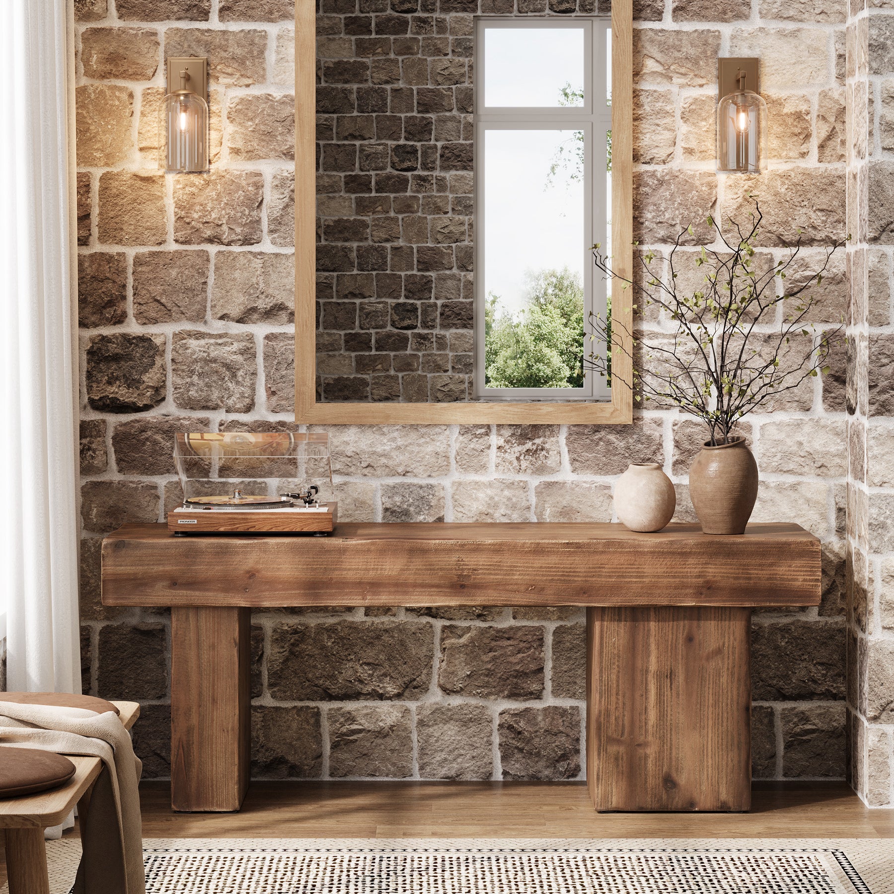 Solid Wood Bench, 47" Farmhouse Entryway Bench with Artistic Legs