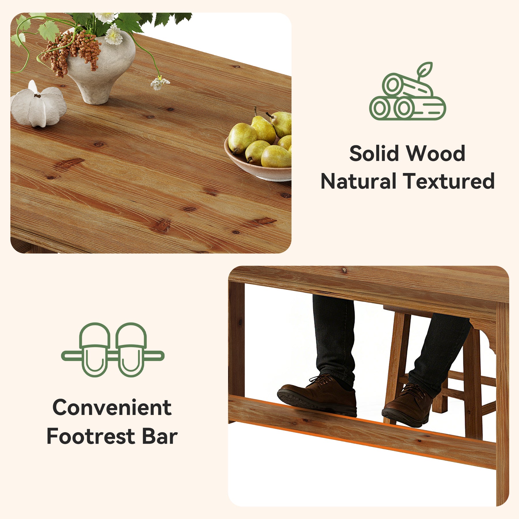 Solid Wood Dining Table, 63" Rectangular Kitchen Table with Foot Bar