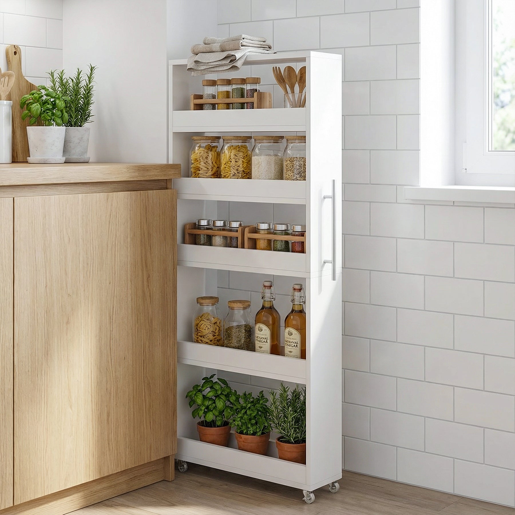 63" Utility Cart on Wheels, 5-Tier Narrow Mobile Shelf Organizer