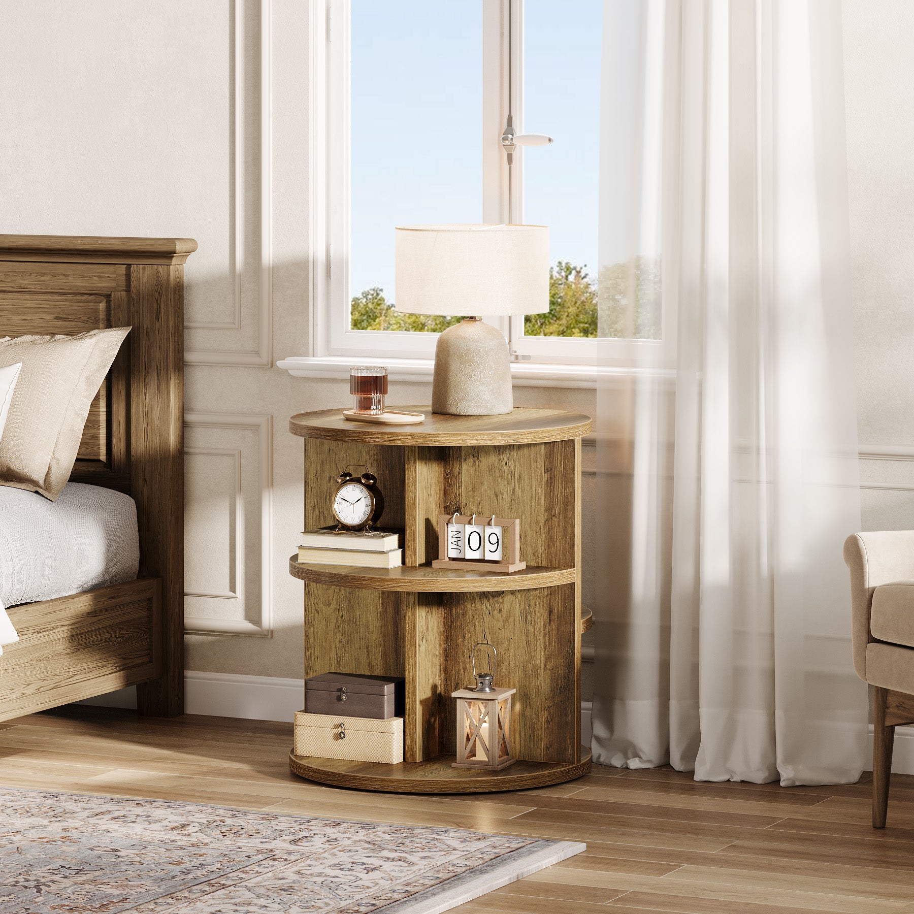 Round End Table, 23.6" Side Table with 3 - Tier Storage Shelf Tribesigns