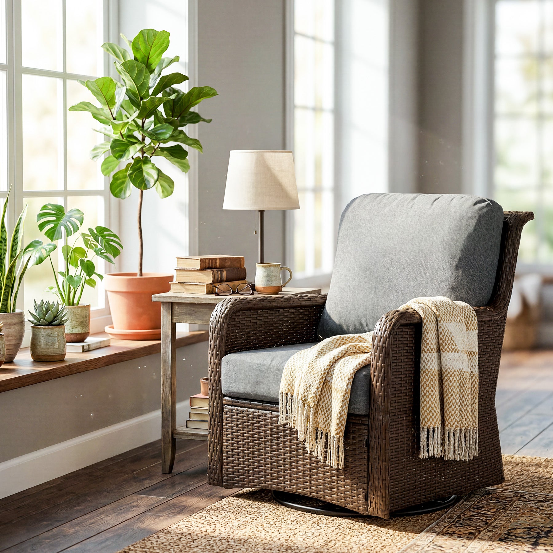 29.53" Outdoor Wicker Swivel Chair, Patio Rattan Rocking Chair with Thick Gray Cushions