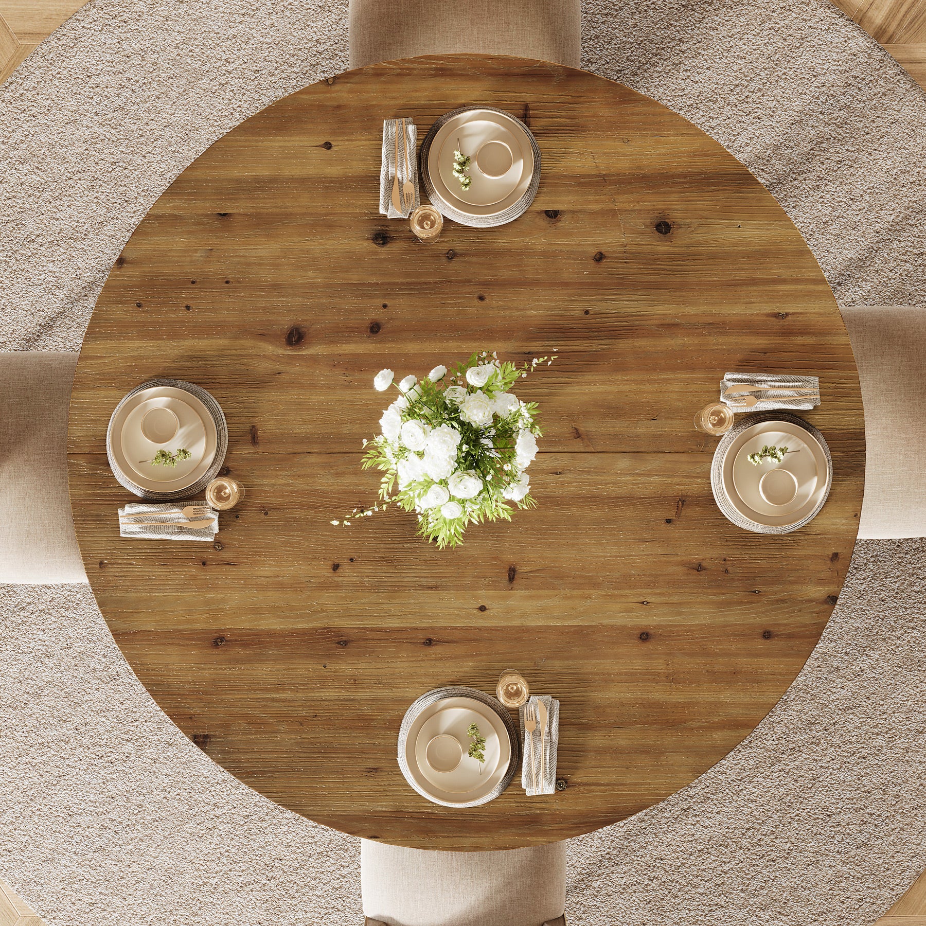 47" Round Dining Table, Solid Wood Kitchen Table with Sturdy Legs for 4-6