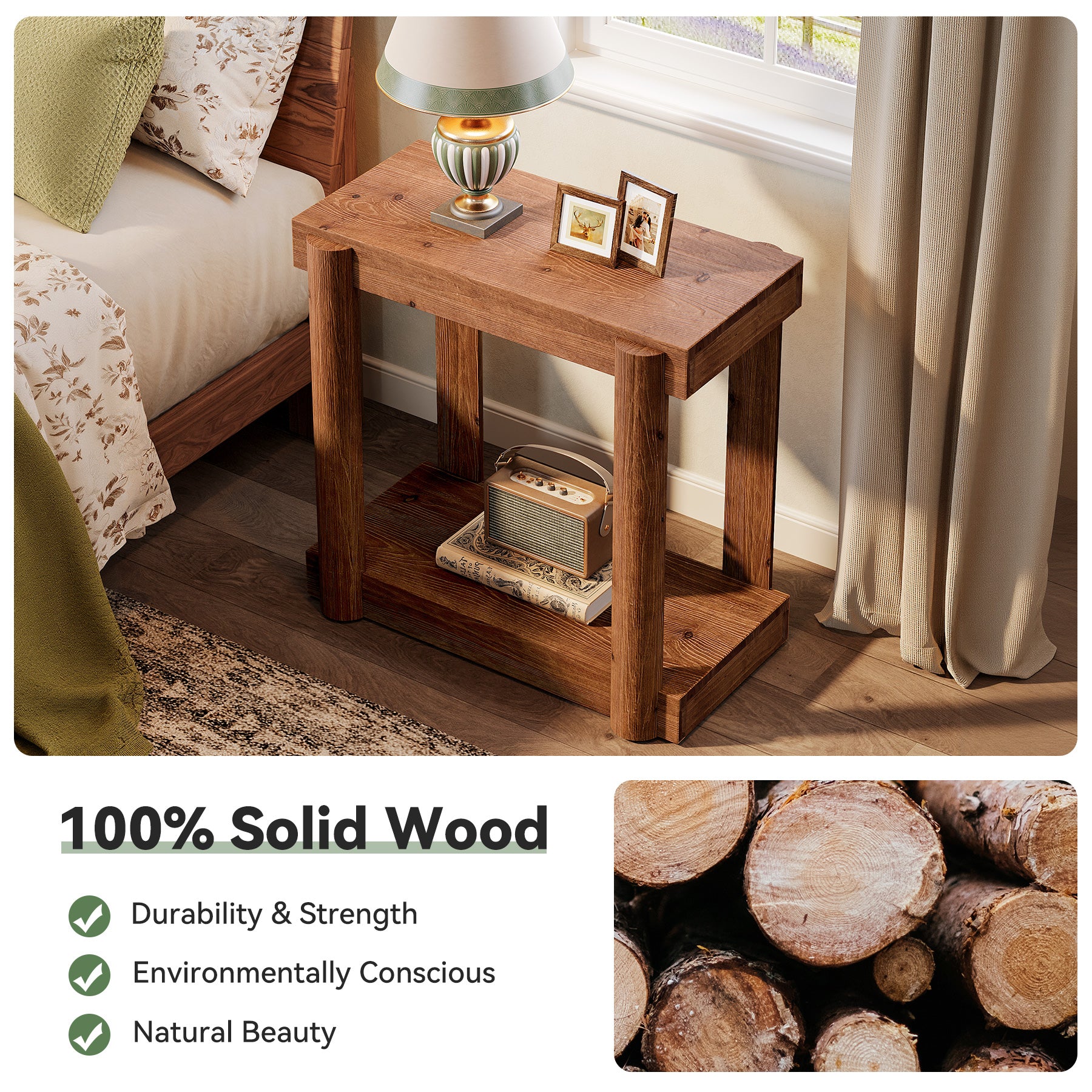 Solid Wood Modern Farmhouse End Table, 2-Tier Storage Shelf Side Table for Small Spaces