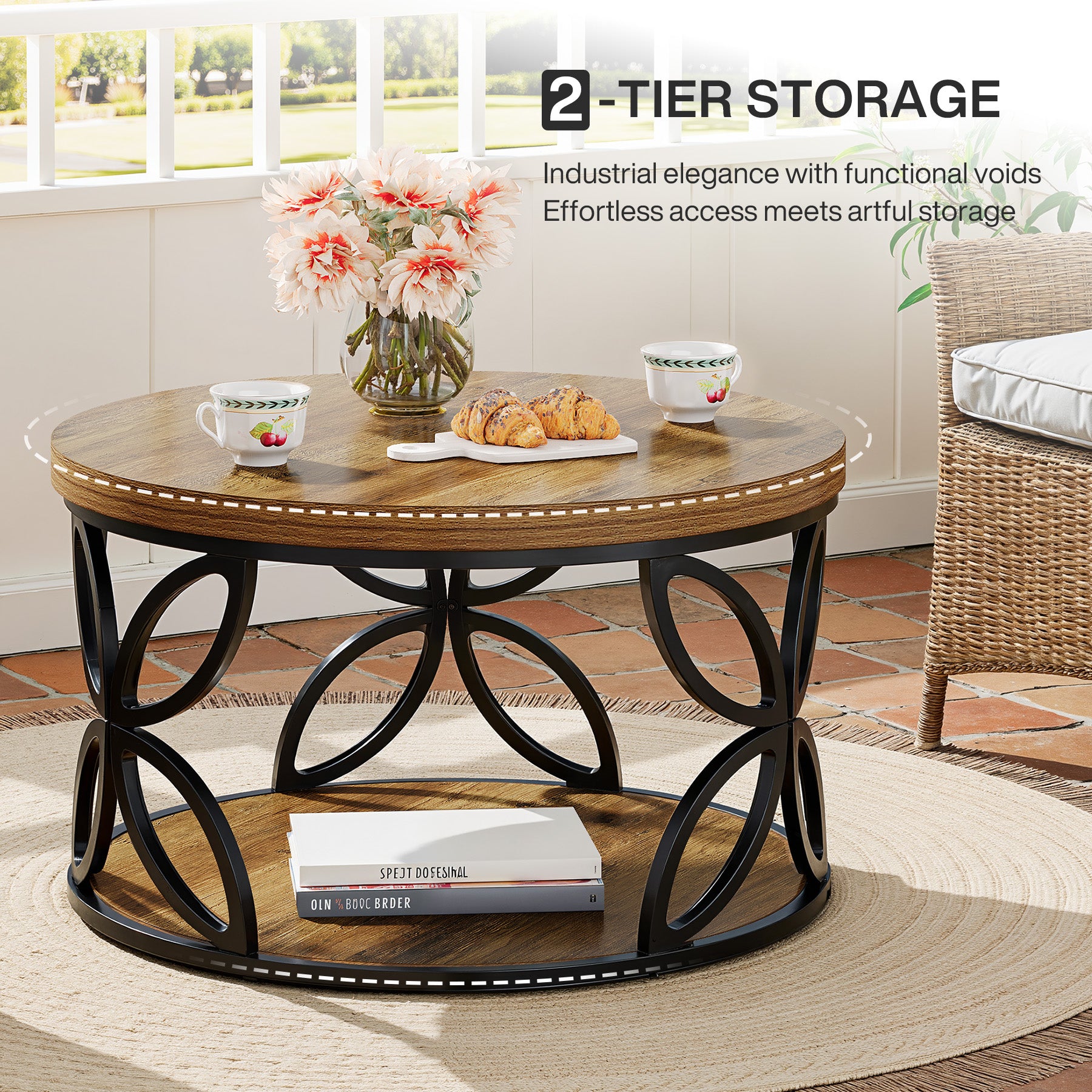 2-Tier Round Coffee Table, 31.5" Industrial Accent Tea Table with Metal Frame