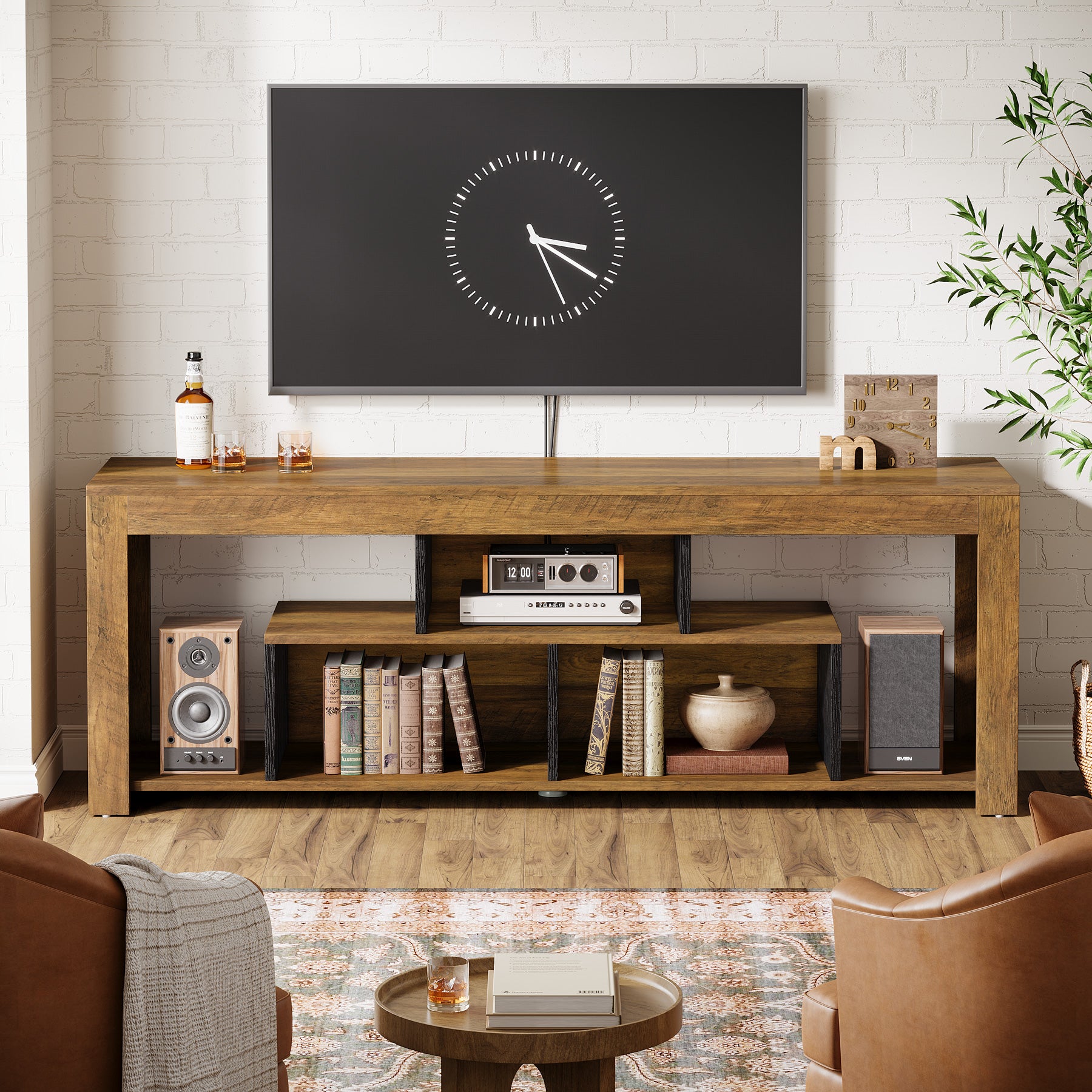 63-Inch TV Stand for 65–75 Inch TV, Rustic Wooden Media Console with Storage Shelves