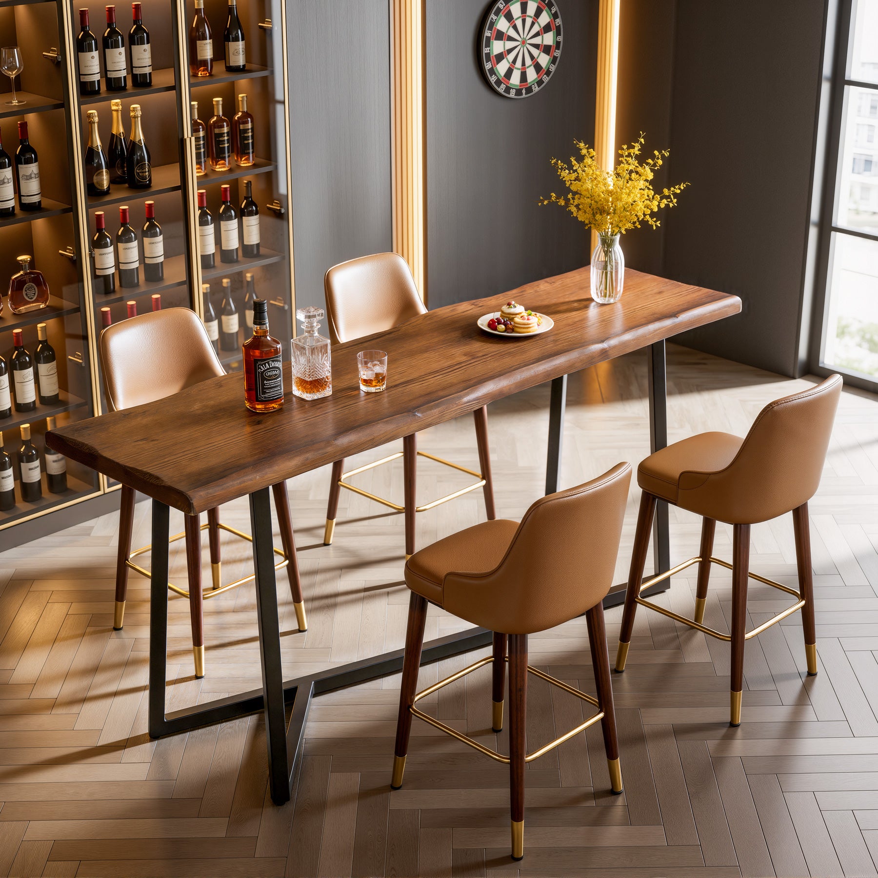 Solid Wood Bar Table, 63" Counter Height Pub Table with Sturdy Metal Frame