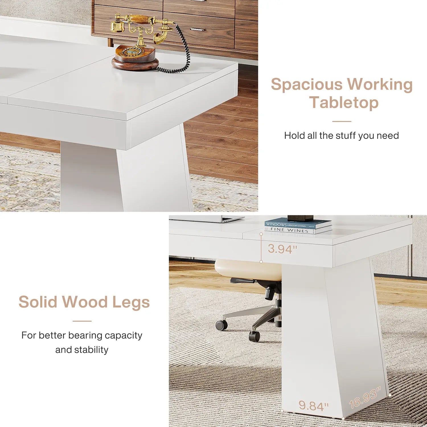 55" Executive Desk with Double Trapezoid Base, Modern Wooden Computer Desk for Home Office