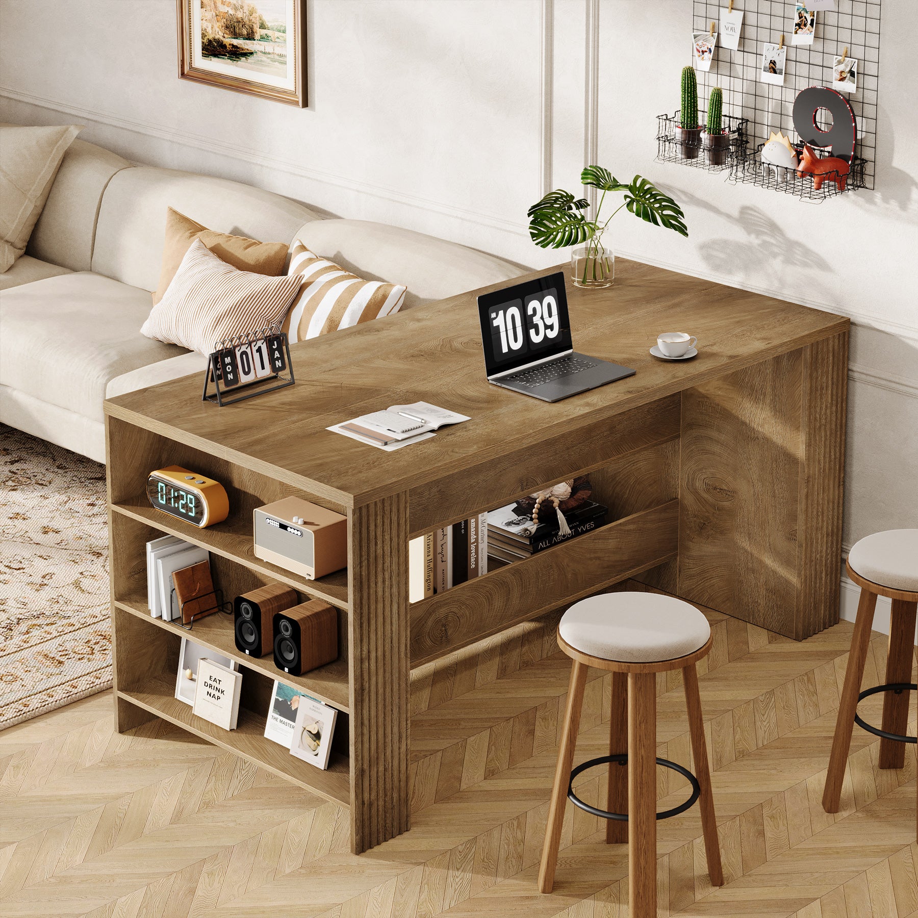 59" Kitchen Island, Large Storage Islands Coffee Unit with Shelves