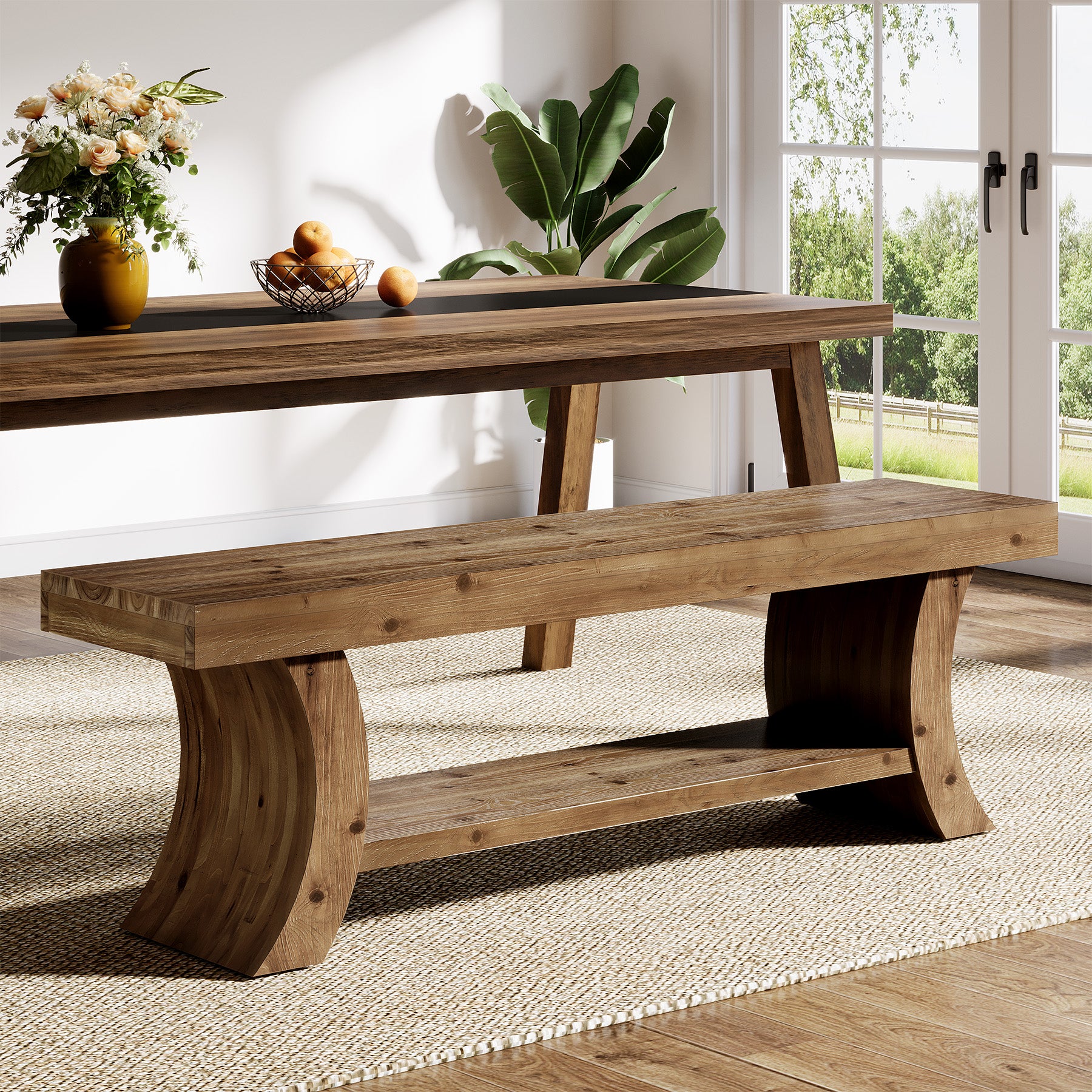 55" Solid Wood Dining Bench with Storage Shelf, Farmhouse Kitchen & Dining Table Bench Seating