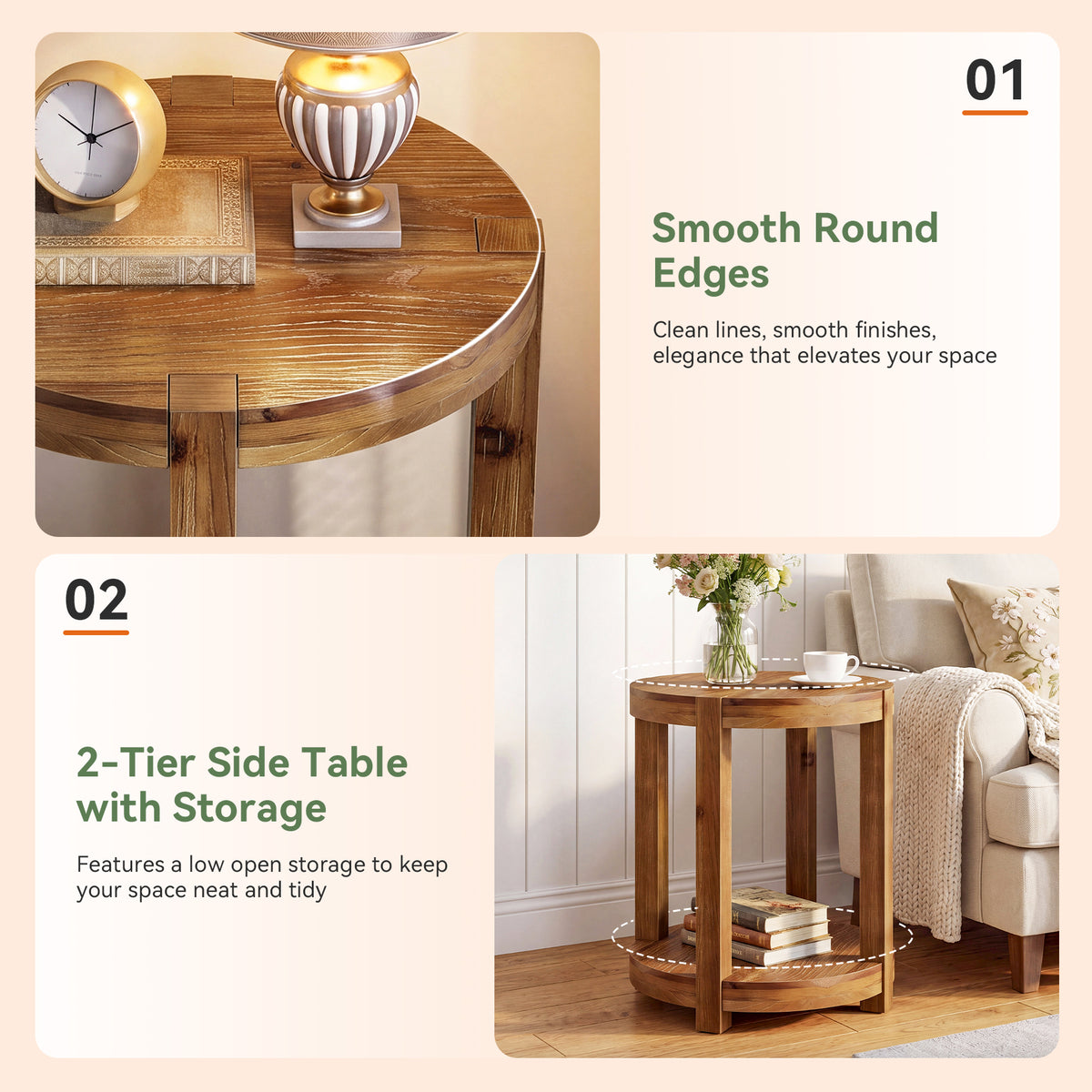 20.08" Round Solid Wood End Table, 2-Tier Side Table with Storage Shelf for Living Room