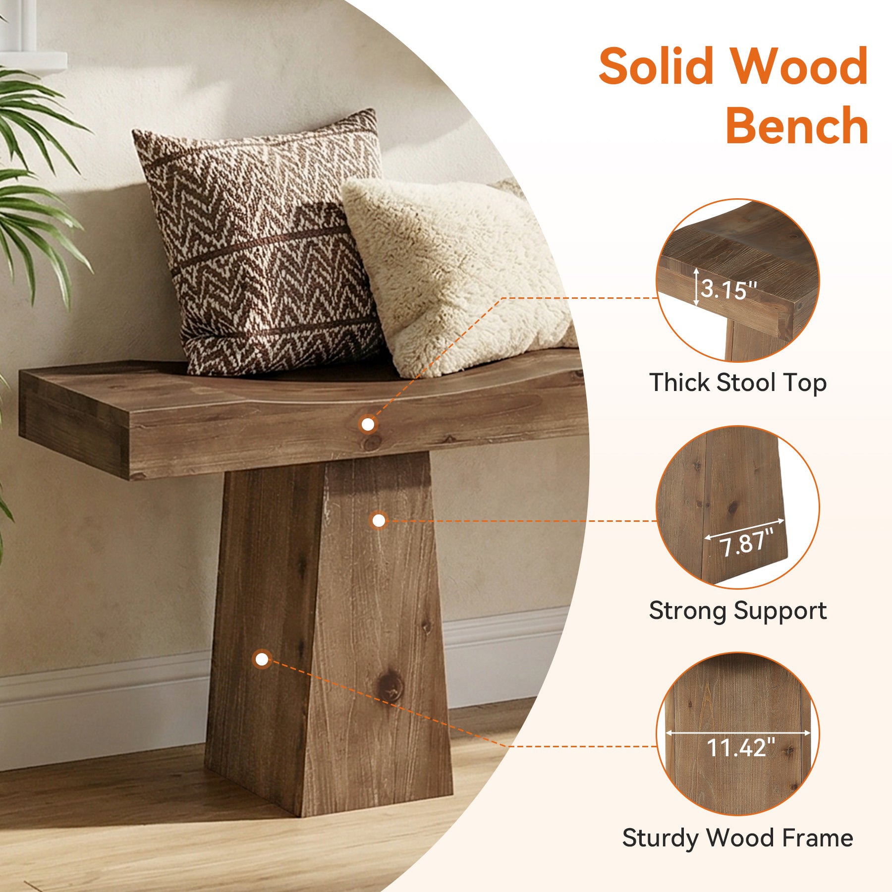 Solid Wood Entryway Bench, 59" End of Bed Bench with Wavy Edges Design