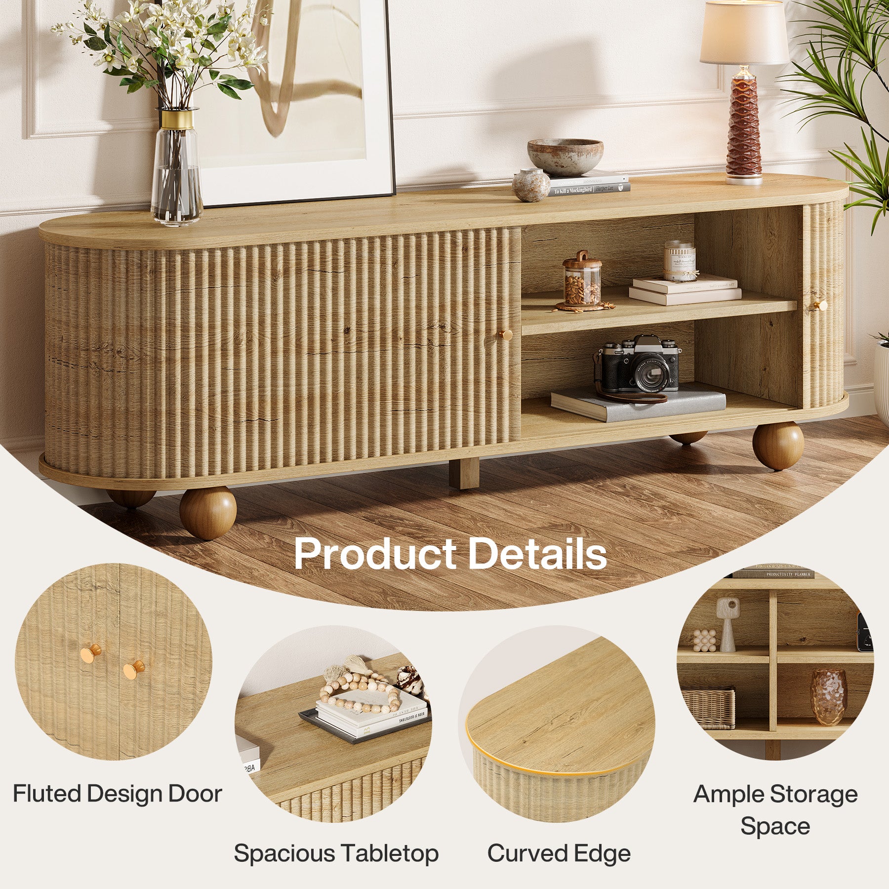 70" TV Stand, Farmhouse Media Console with Shelves and Sliding Doors