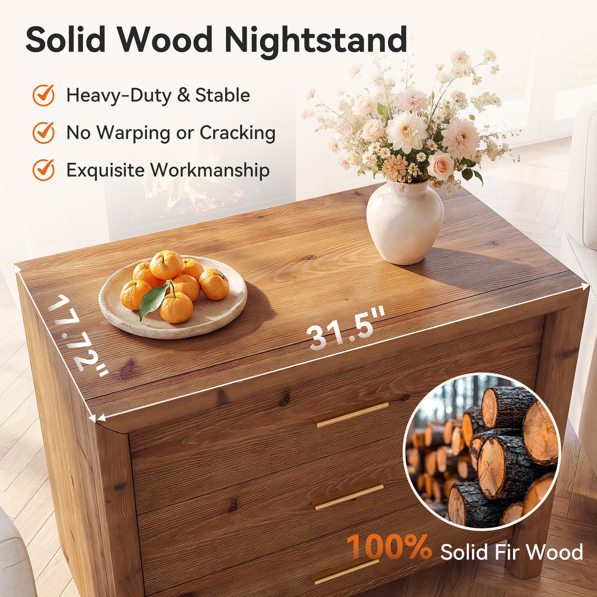 Solid Wood Nightstand with 3 Drawers, 31.5" Oversized Bedside Table for Bedroom