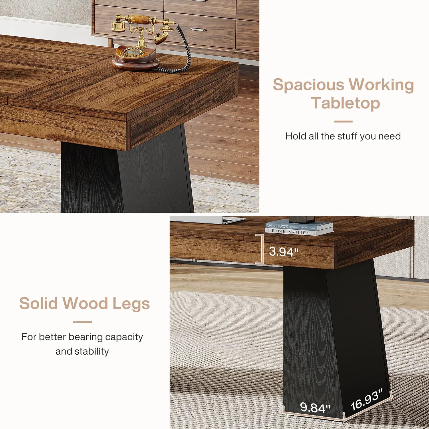 55" Executive Desk with Double Trapezoid Base, Modern Wooden Computer Desk for Home Office