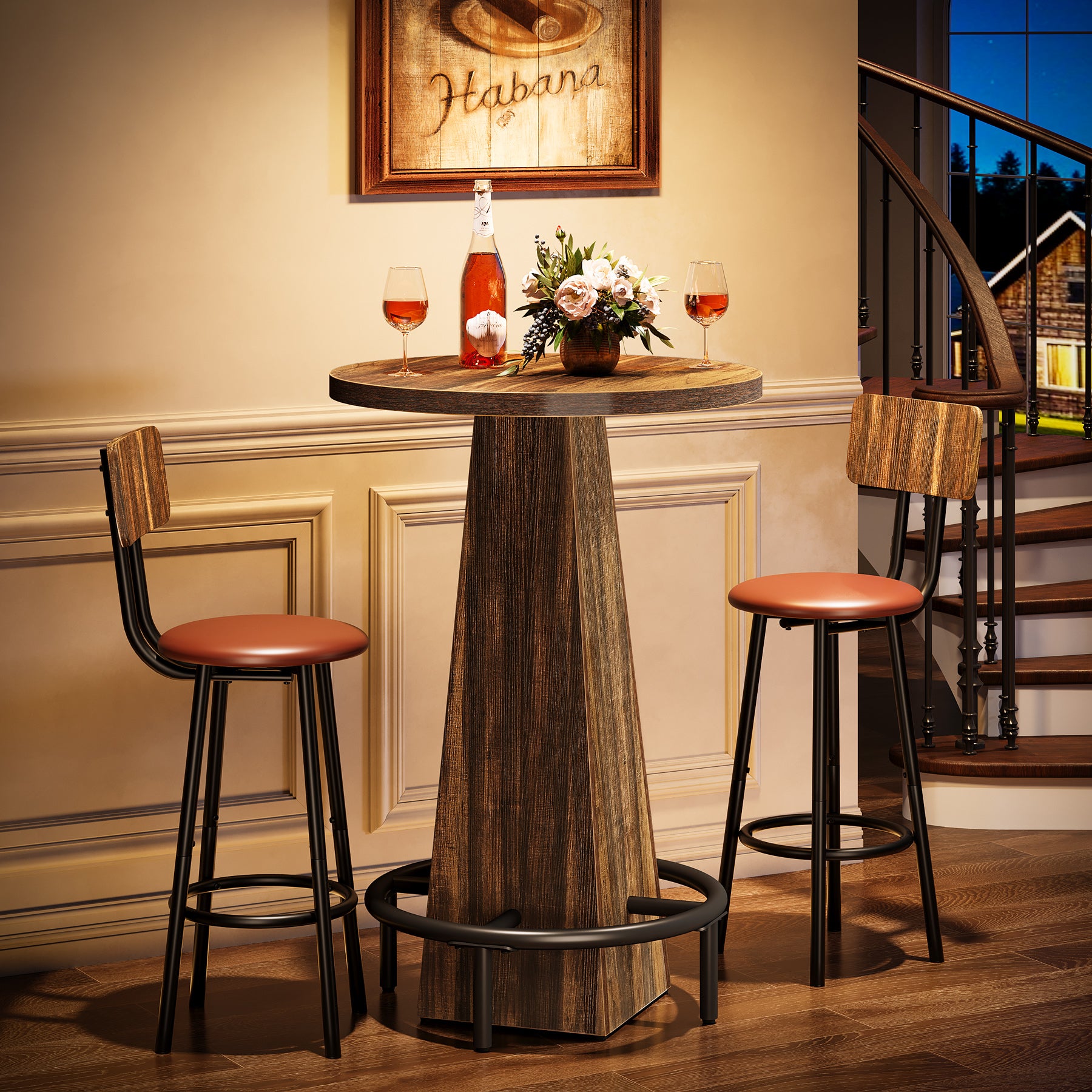 Round Pub Table, Counter Height Bar Table With Footrest Tribesigns
