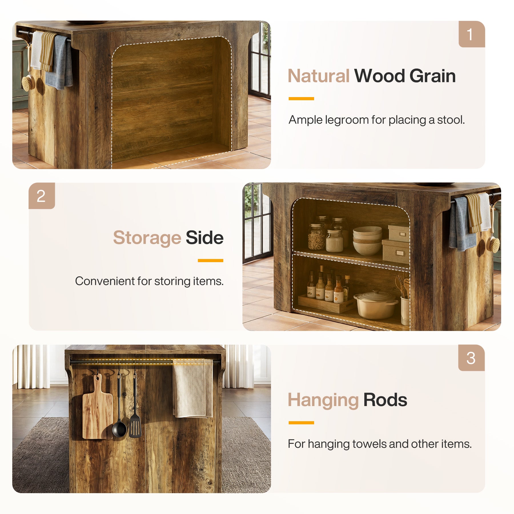 55" Wooden Kitchen Island, Stationary Dinner Prep Station with 2 Shelves