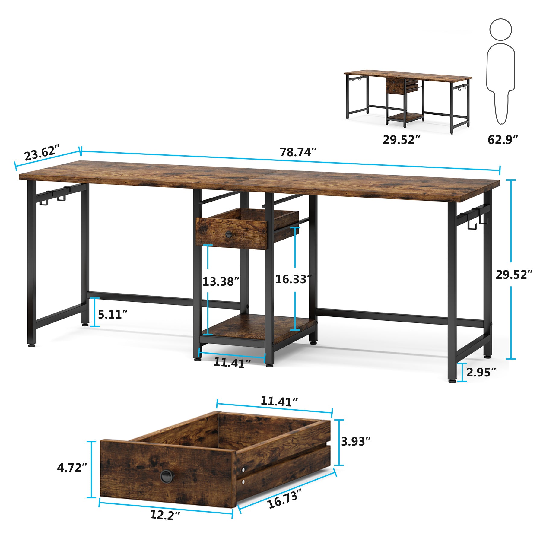 Industrial Two Person Desk, 78" Double Computer Desk with Drawers