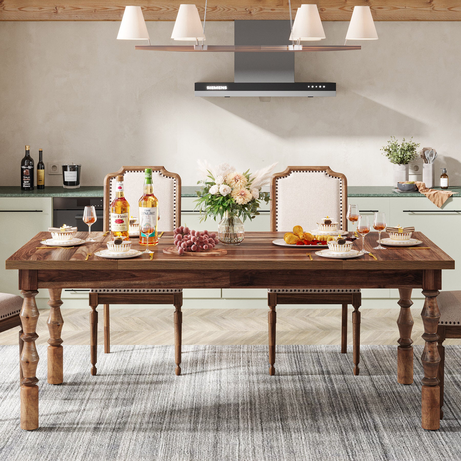 Wood Dining Table, 62” Large Kitchen Table with Carved Turned Legs for 4-6 People Tribesigns