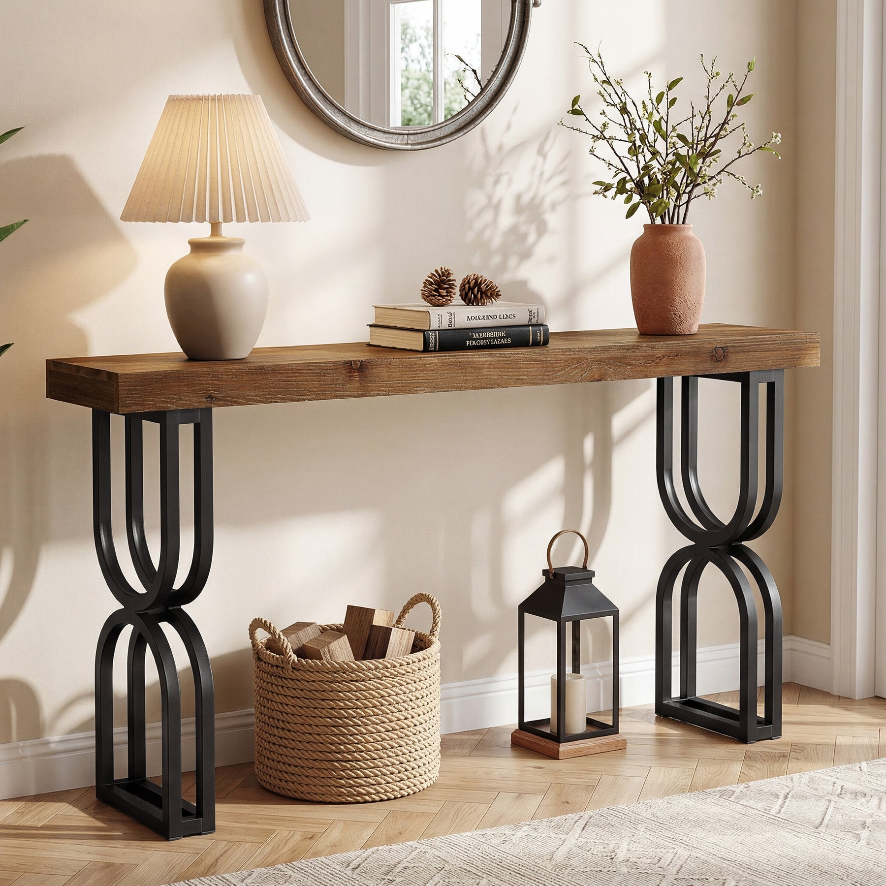 59" Solid Wood Console Table, Narrow Sofa Table with Metal U-Shaped Legs, Industrial Entryway Table for Hallway & Living Room