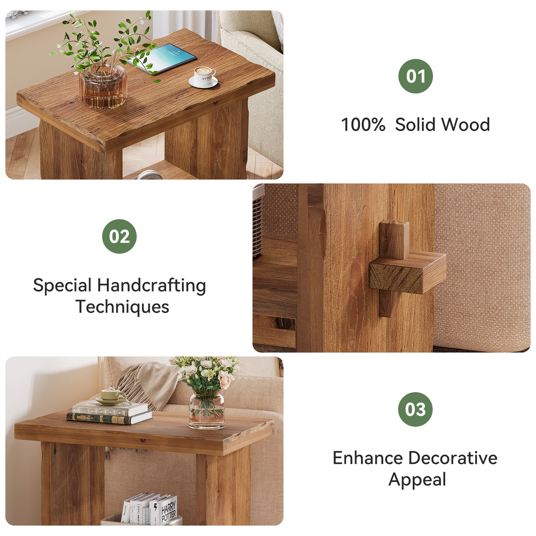 Tribesigns 23.62-Inch Solid Wood Side Table, Wooden End Table with Solid Base