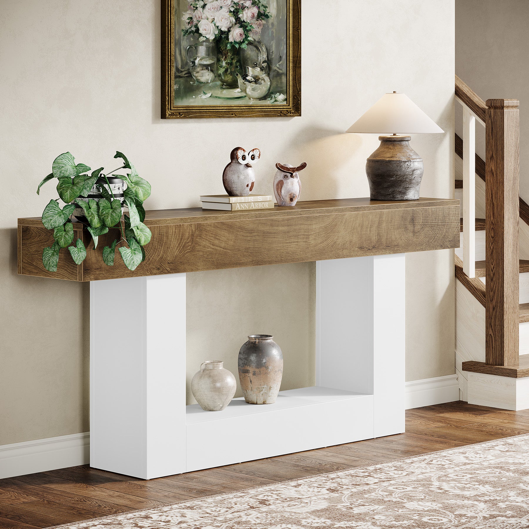 63" Wooden Console Table, Farmhouse 2-Tier Sofa Table Entryway Table