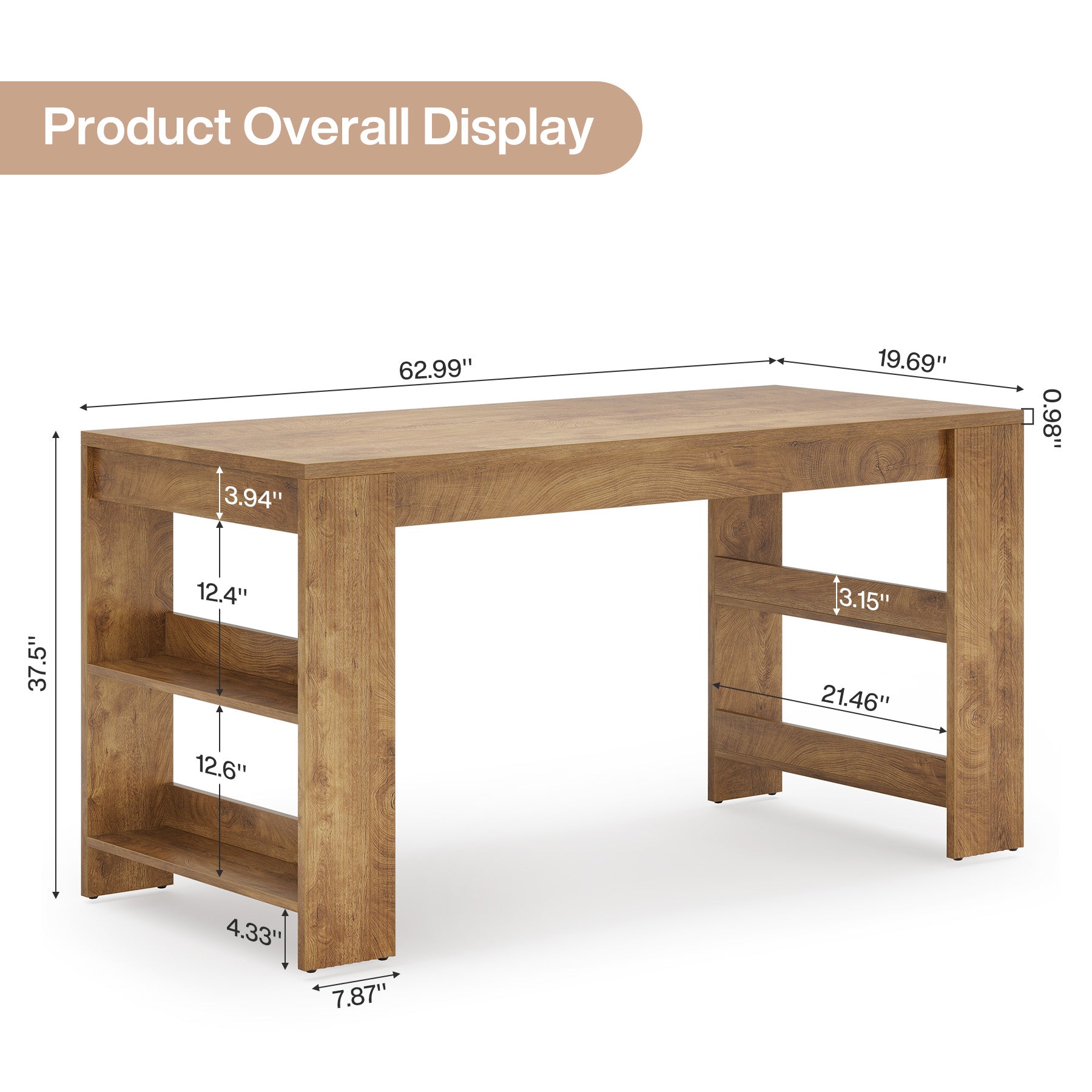 63" Kitchen Island, Large Home Bar Table with Double-Sided Storage Shelves