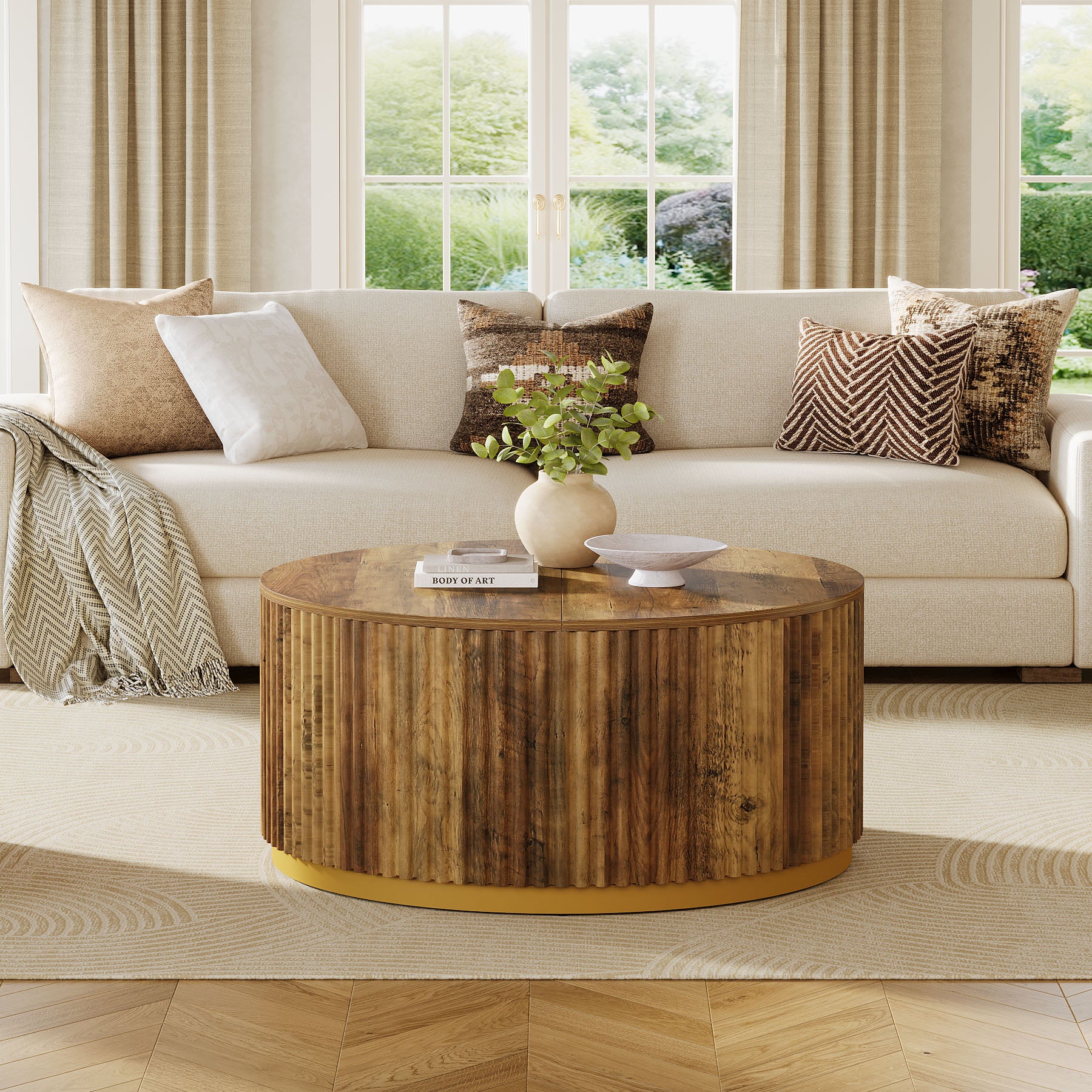 31.5" Round Coffee Table, Fluted Wooden Center Table with Sturdy Drum Base