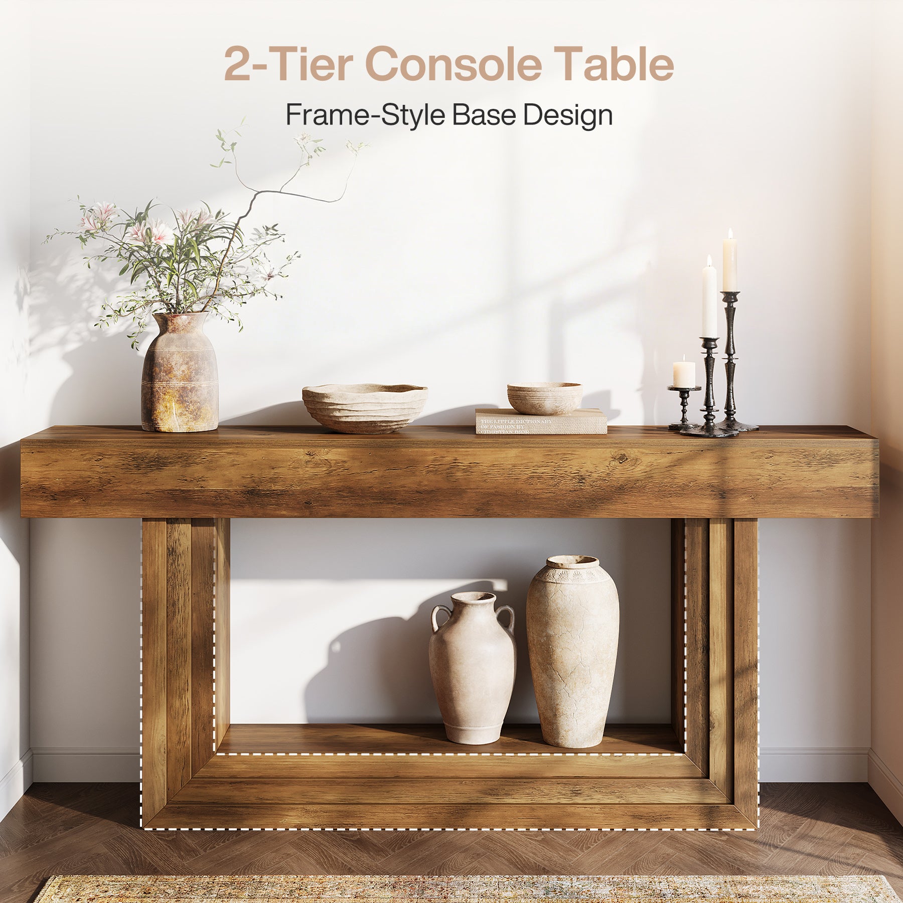 63” Narrow Console Table with 2-Tier Storage, Farmhouse Entryway Table Behind Couch