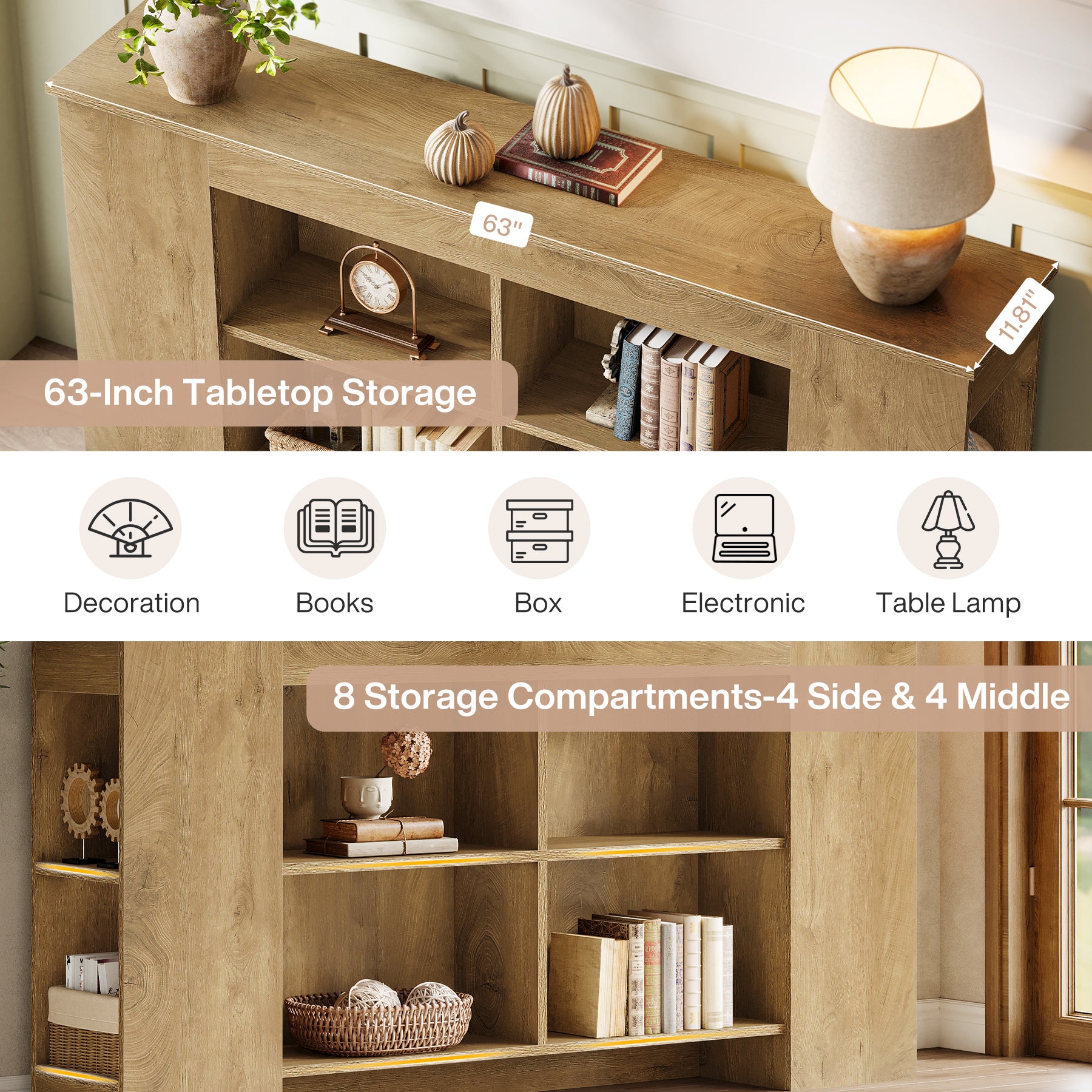 63" Console Table, Wooden Entryway Sofa Table with Storage