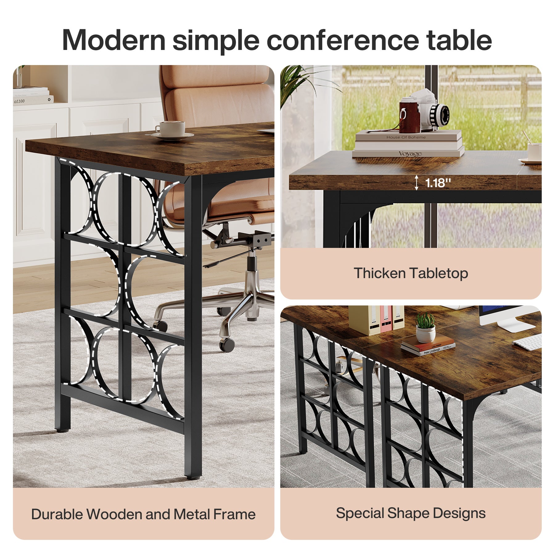 Industrial Computer Desk, 55" Rectangle Executive Desk with Metal Legs