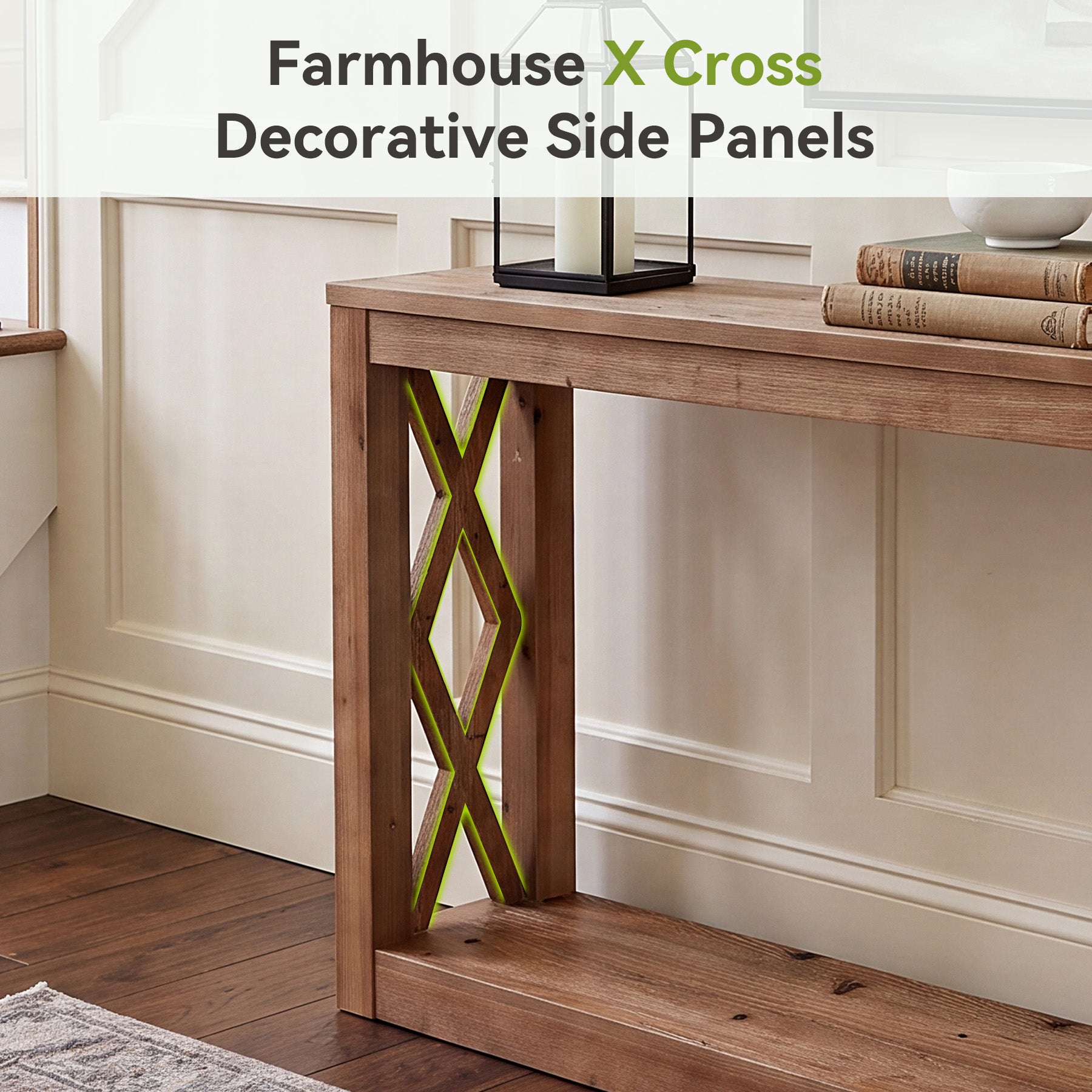 63" Solid Wood Console Table, 2-Tier Open Storage Entryway Table with X-Shaped Sides