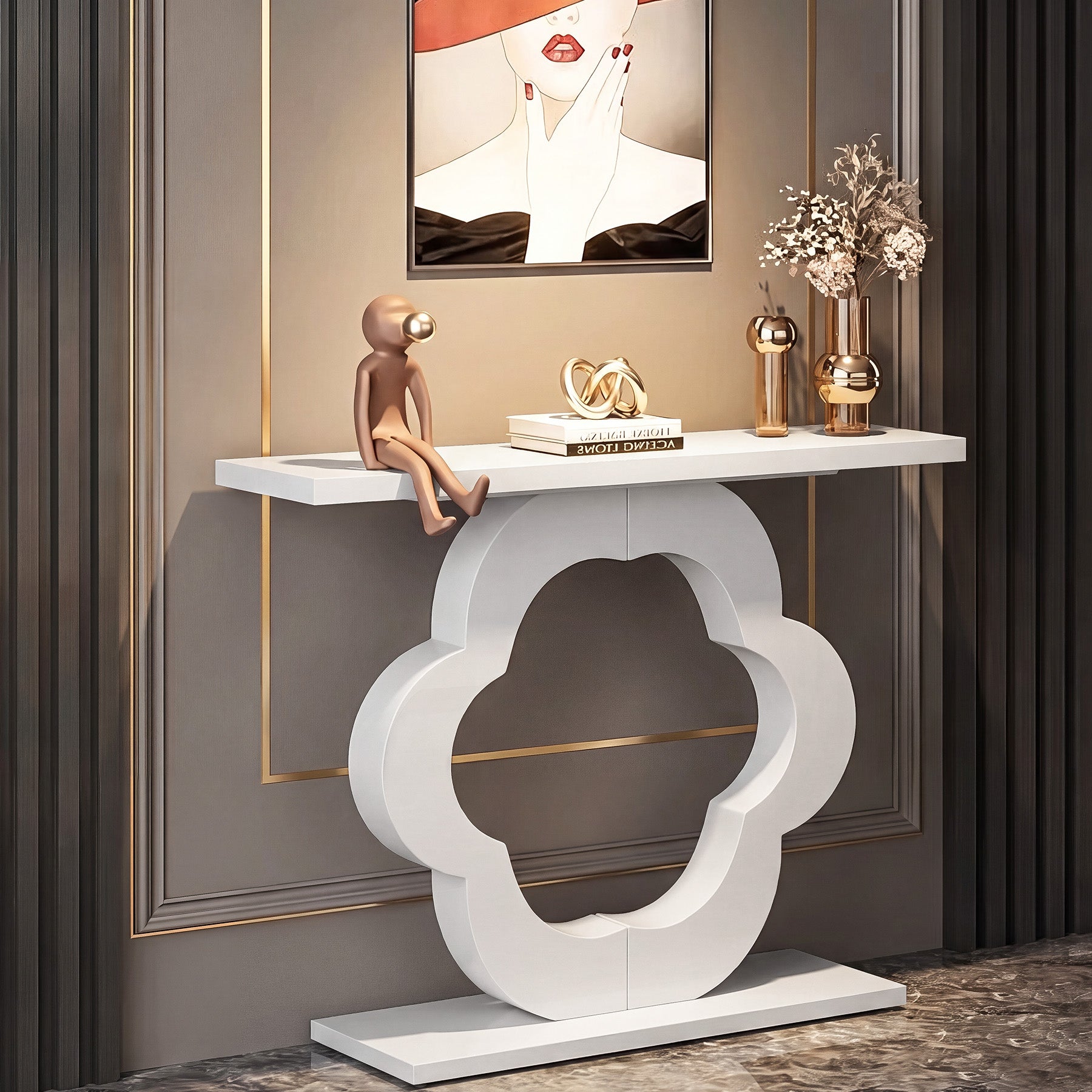 39.4" Console Table, Modern Entryway Sofa Table with Flower Cutout Base
