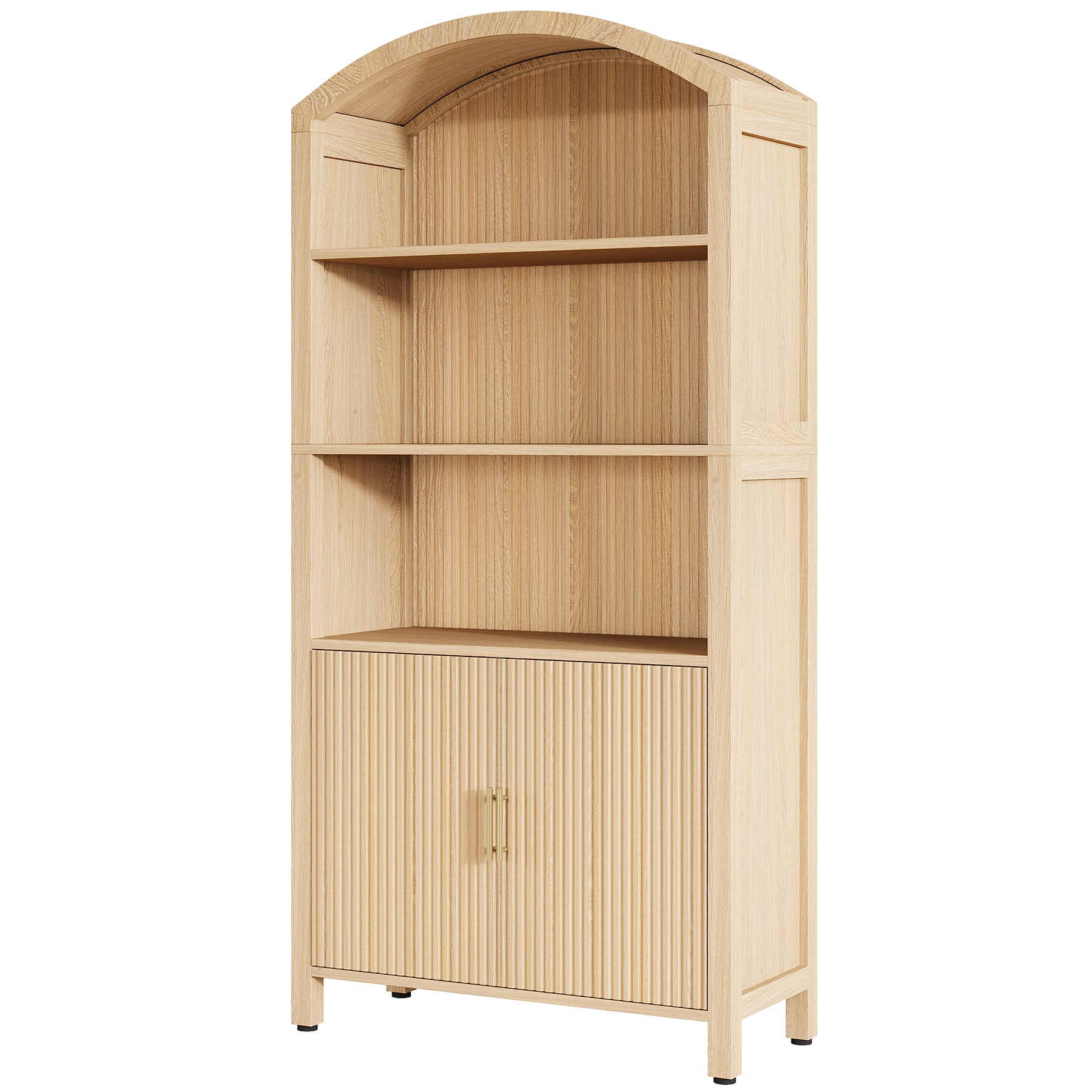 71" Arched Bookshelf, Fluted Modern 5-Tier Bookcase Cabinet with Doors