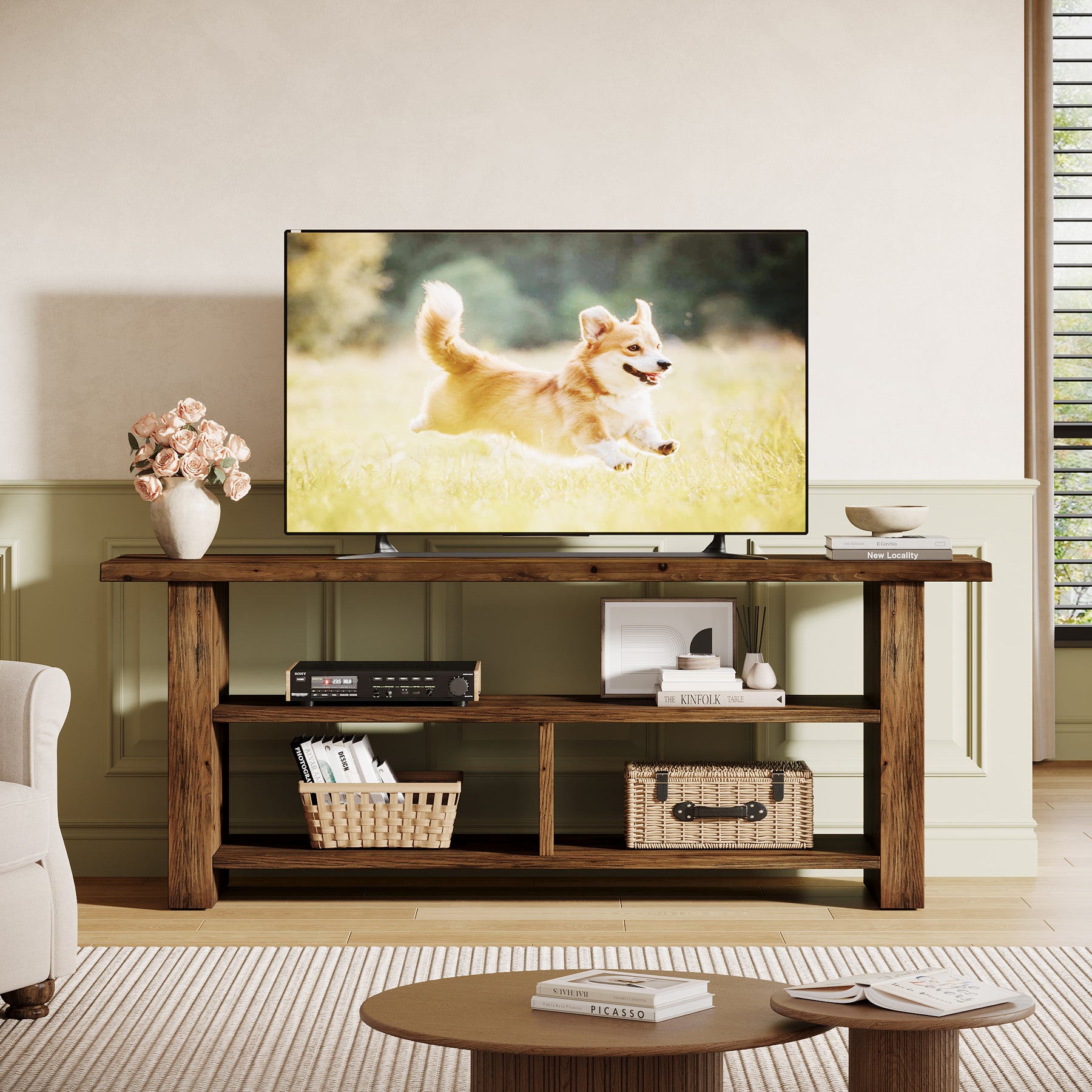 63" Solid Wood TV Stand for Up to 75 Inch TVs, Farmhouse Media Console with Open Storage Shelves