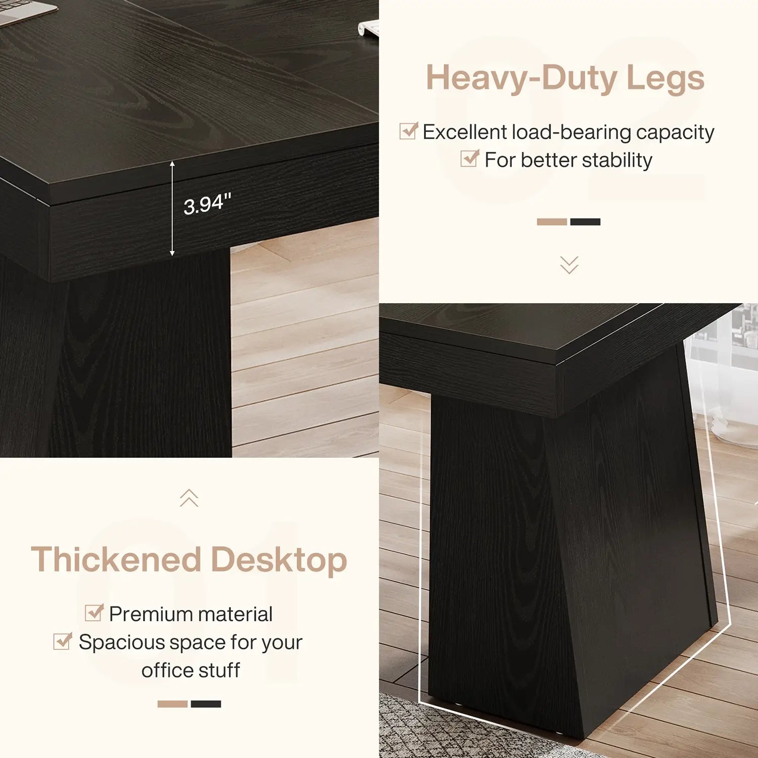 55" Executive Desk with Double Trapezoid Base, Modern Wooden Computer Desk for Home Office