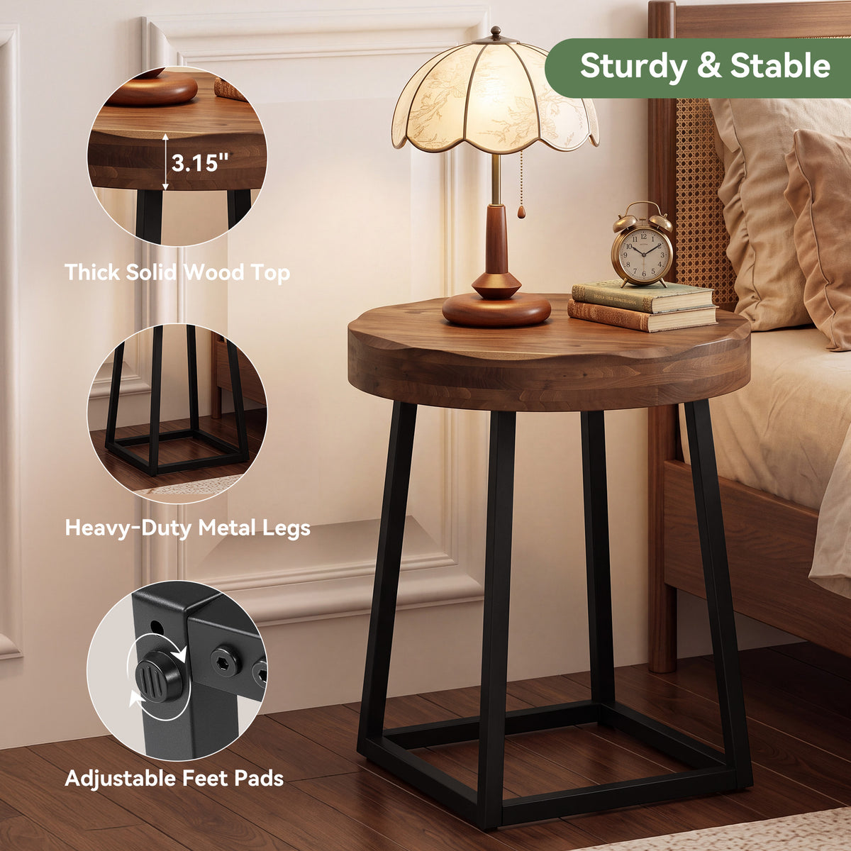 19.69" Solid Wood Round End Table, Live Edge Side Table with Metal Base for Living Room