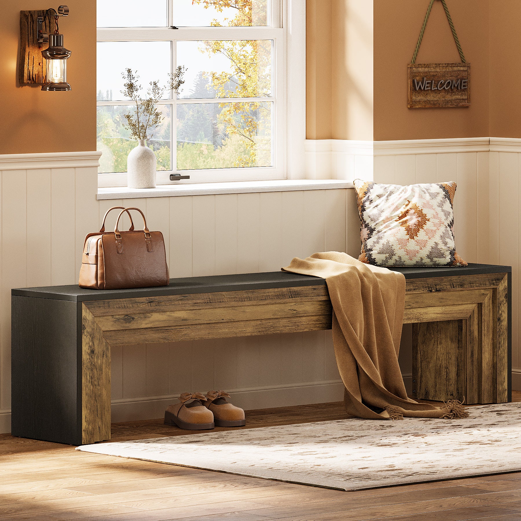 70.9" Entryway Bench, Farmhouse Shoe Bench End of Bed Bench with Layered Design