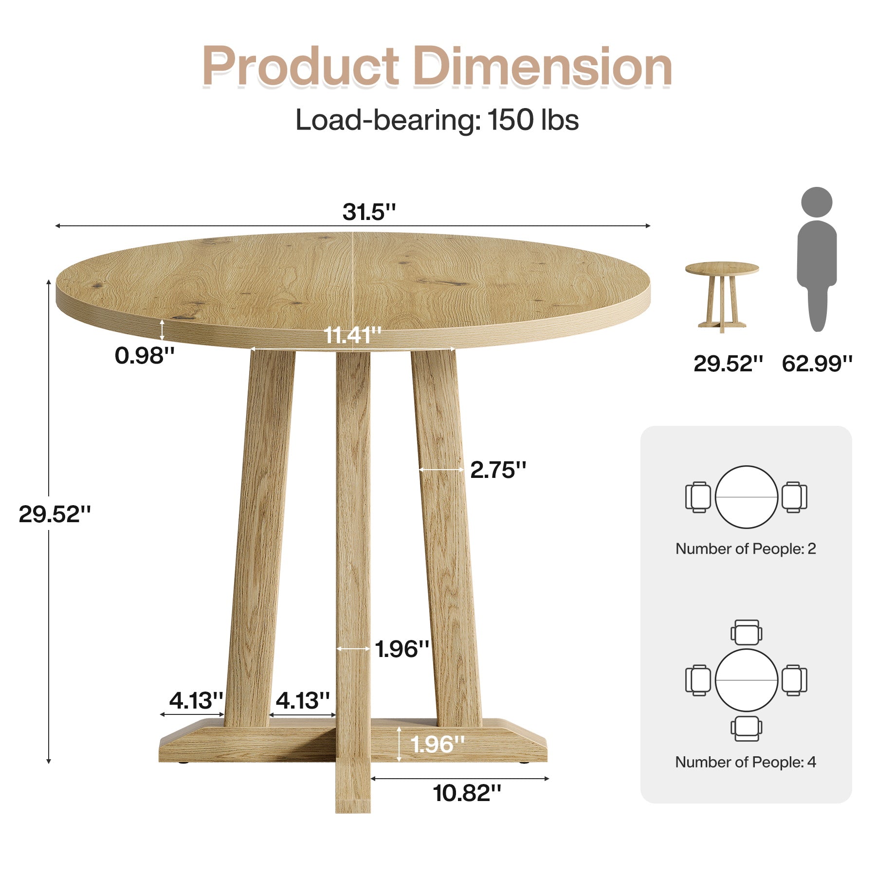 31.5" Round Dining Table, Small Kitchen Table with Sturdy Base for 2-4
